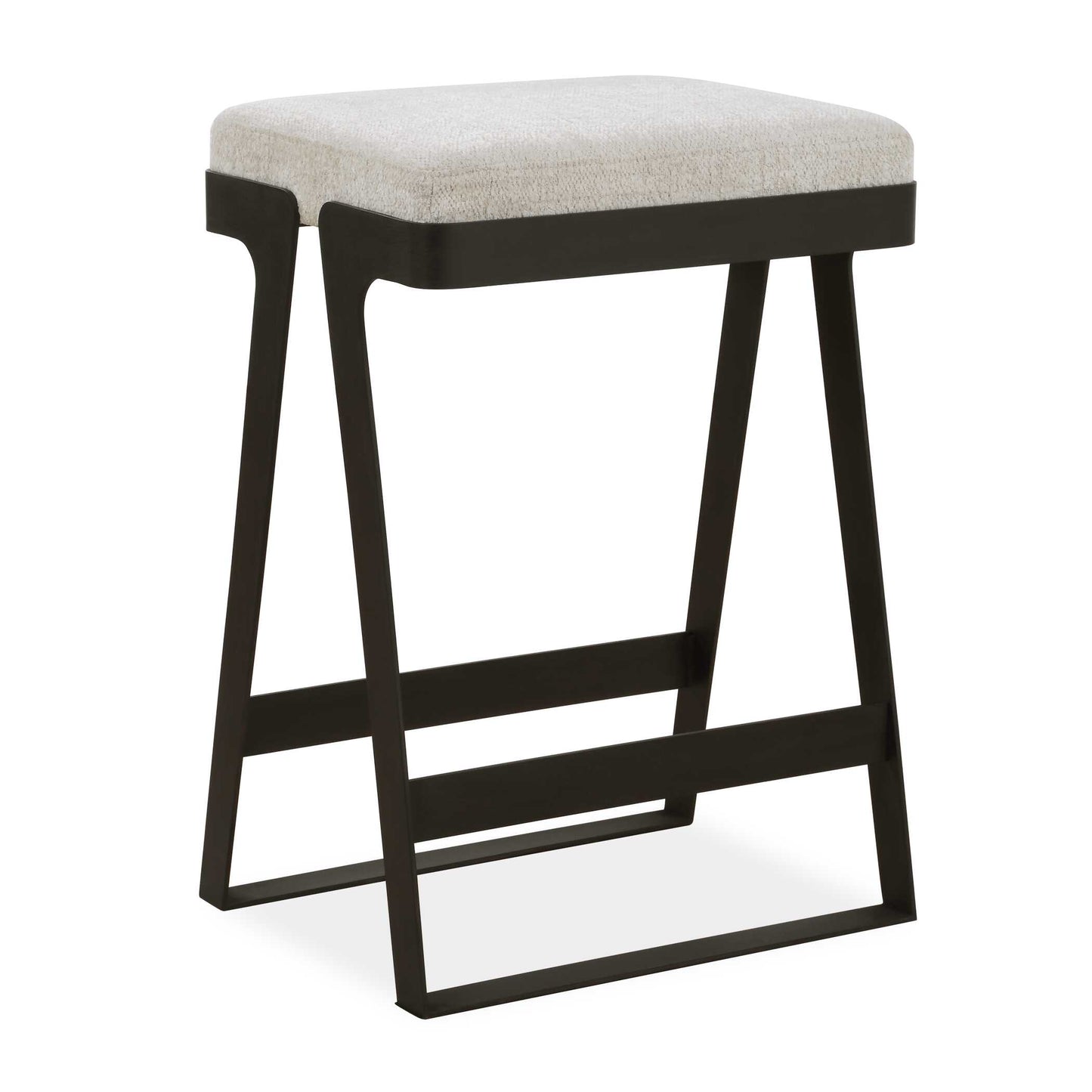 The Modern Hover Counter Stool Is Streamlined With An Aged Black Curved Iron Base And Cushioned Seat. Upholstered In An Ivory Chenille Boucle Performance Fabric.