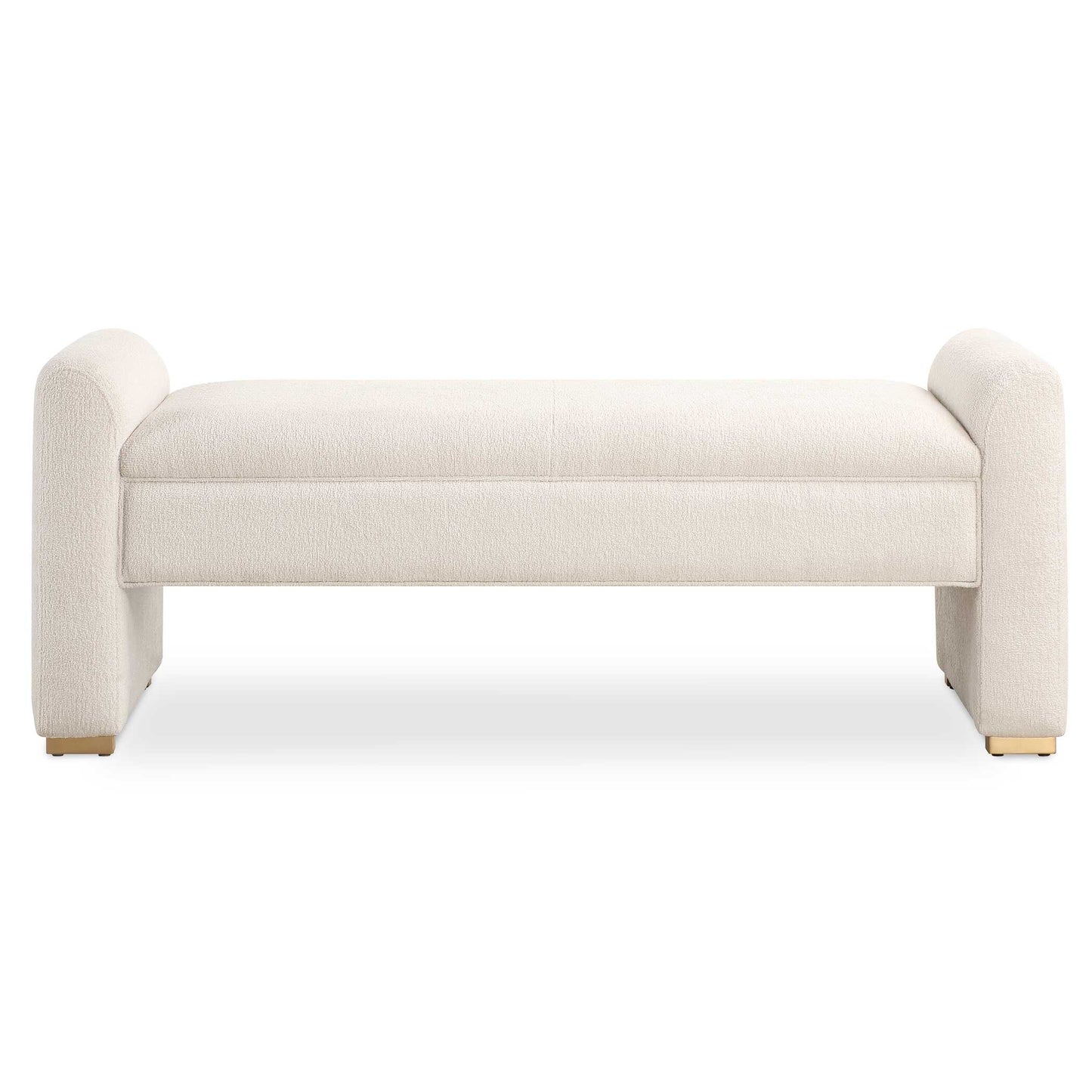 Lush And Inviting, The Caliste Bench Displays An Elegant And Well Tailored Look Upholstered In A Textured Boucle Polyester In Ivory. Finished With Small Brass Feet In Brushed Brass. Seat Height Is 18".