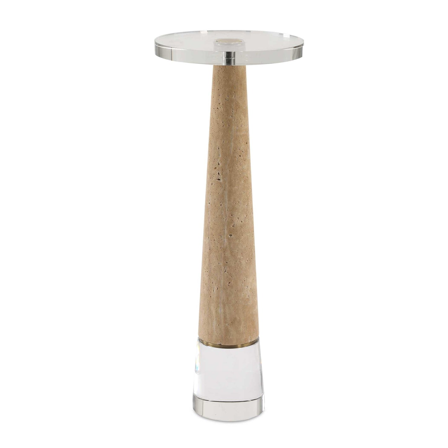 This Contemporary Drink Table Pairs The Sophisticated Beauty Of Natural Travertine With The Elegance Of Crystal. The Thick Crystal Top Allows You To See The Beauty Of The Large Travertine Cone Which Sits Atop A Tapered Cylinder Of Crystal. Gold Metal Details Finish The Look. Endlessly Elegant.