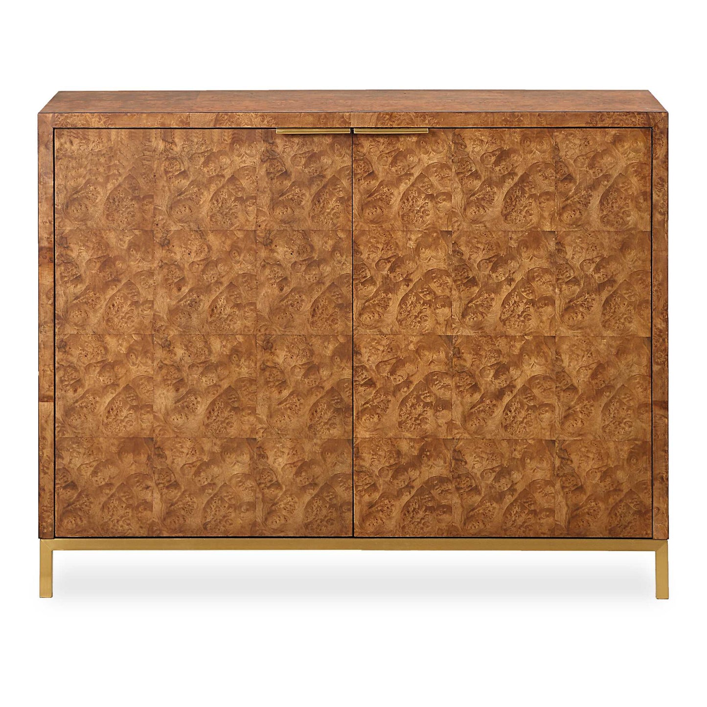 This 2 Door Cabinet Is Meticulously Crafted With A Rich Burl Veneer, Showcasing A Captivating Geometric Square Pattern That Adds Depth To Its Surface. The Cabinet Is Framed By Gold Finished Metal Legs And Coordinating Hardware That Enhances Its Luxurious Appeal.