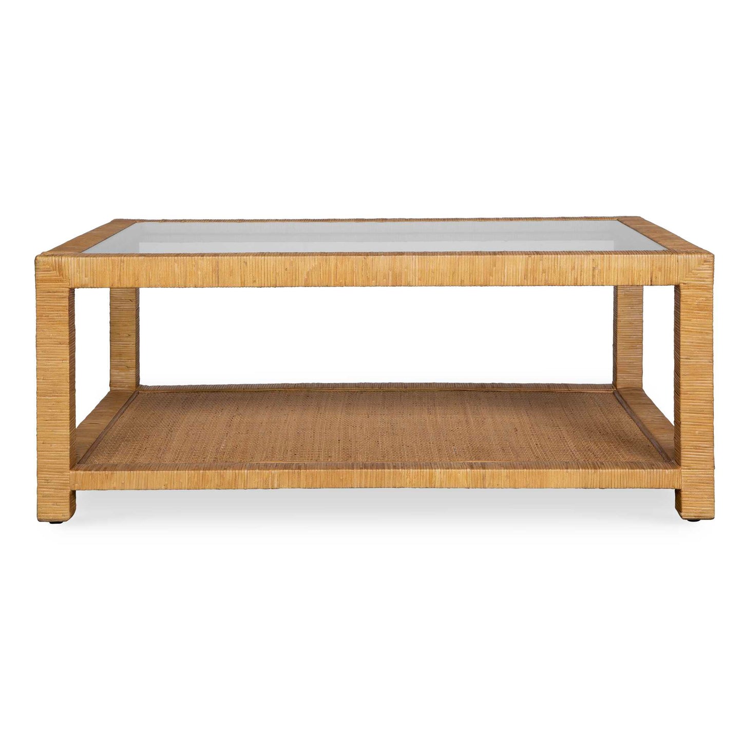This Casual Coffee Table Offers Generous Display Space And Exudes A Rustic Charm With Its Natural Rattan Wrap Finish, Complemented By A Sleek Glass Top.