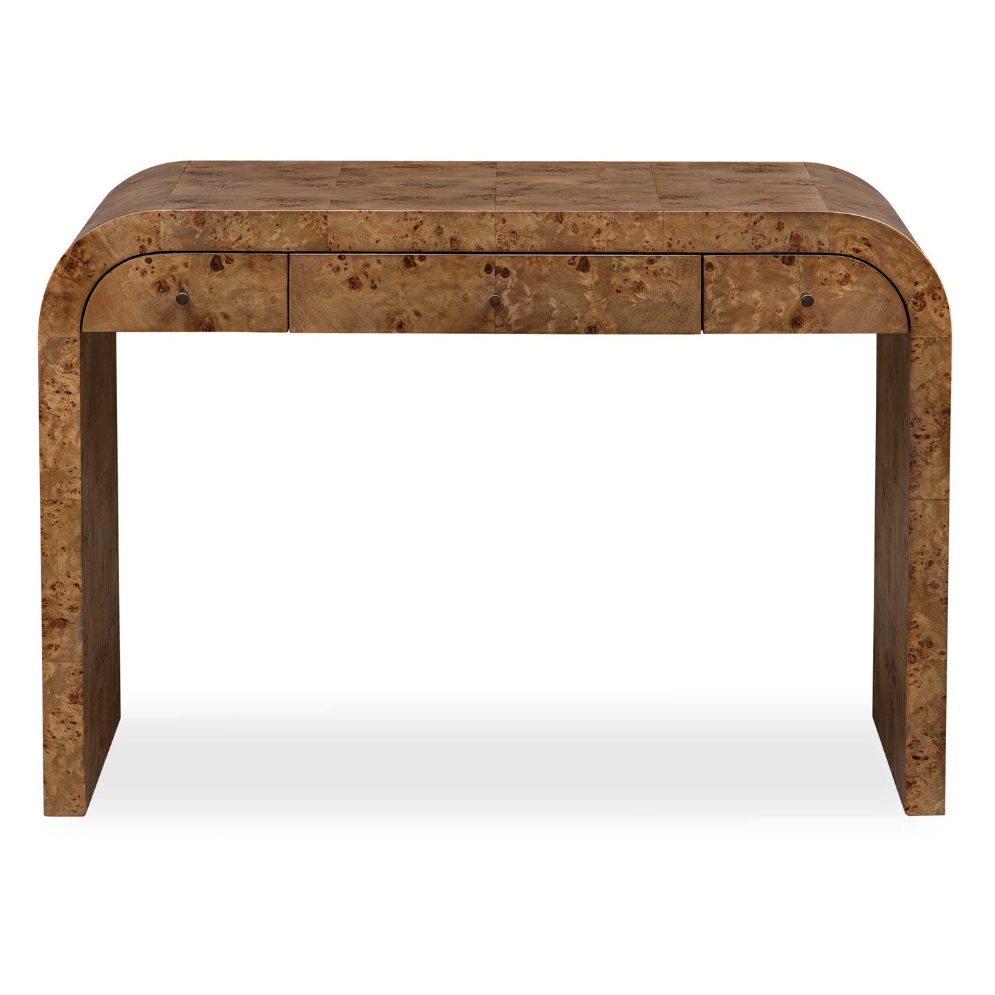 The Rocco Desk Features A Curved Silhouette Design In Mappa Burl Veneer. The Dark Bronze Drawer Pulls Add A Touch Of Sophistication, While The Functional Storage Makes It The Perfect Piece To Elevate Any Workspace.