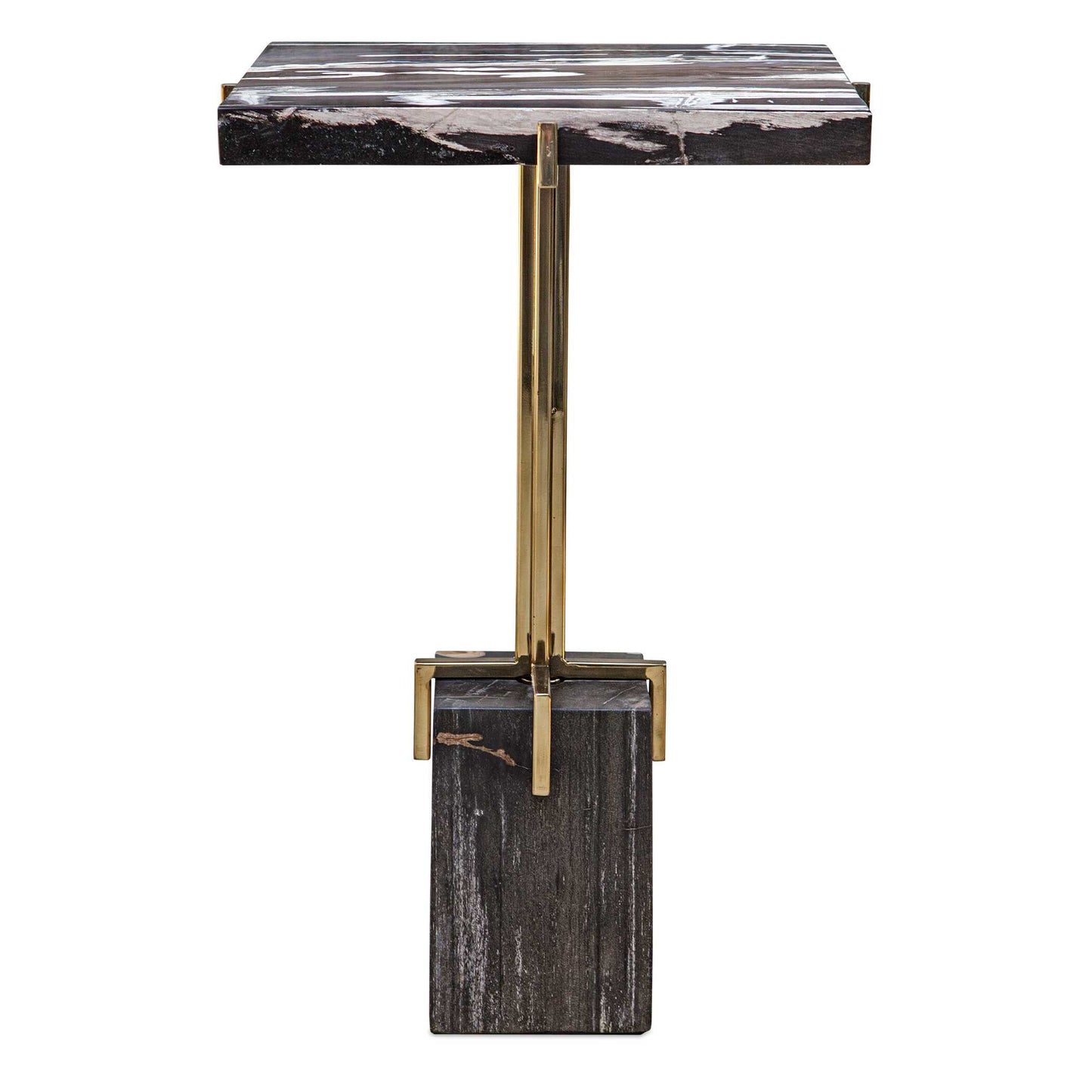 This Accent Table Features A Gold Finished Stainless Steel Base With Four Prongs Hugging The Petrified Wood Top And Base. True To The Nature Of Natural Materials, Each Piece Will Vary.