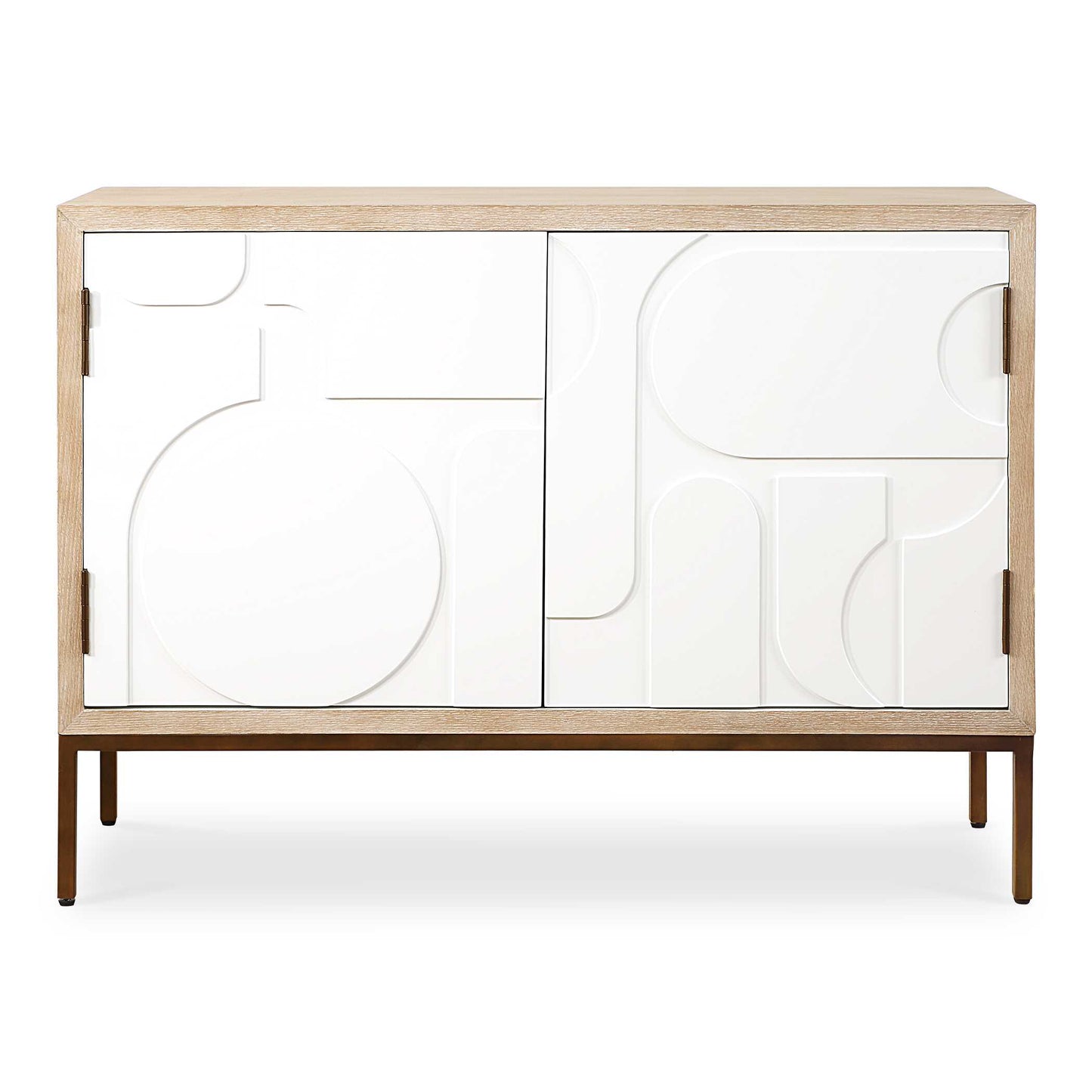 The Organic Warmth Of Natural Fir Veneer Meets The Geometric Lines Of The Cabinet Doors, Adorned With A Casual Cream Finish. The Sleek, Iron Legs In Bronze Elevate The Design, Creating A Blend Of Natural And Contemporary Elements.