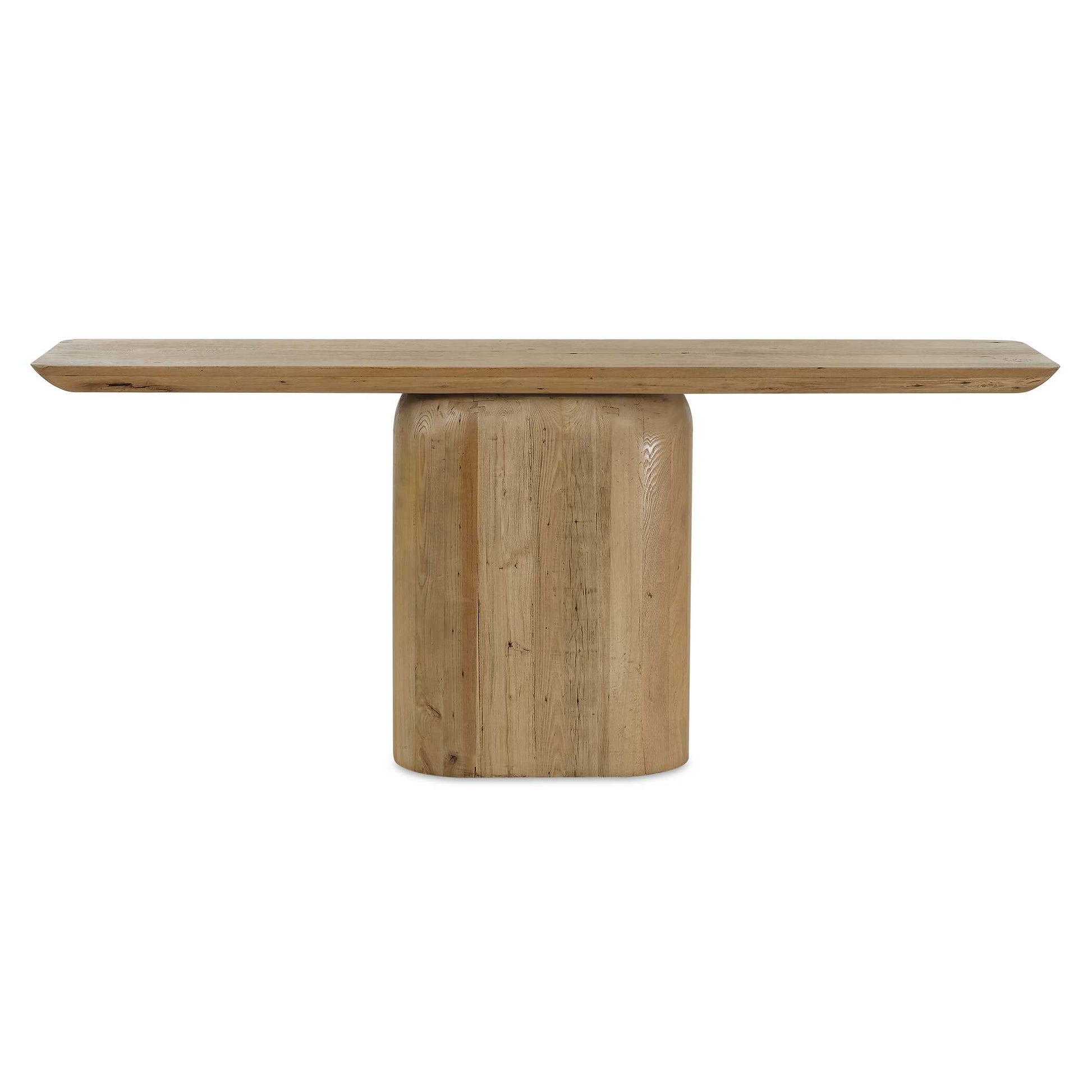 Crafted From Reclaimed Oak, This Console Table Seamlessly Blends Sustainability With Rustic Elegance. The Sleek Tabletop Presents A Minimalist Surface That Beautifully Contrasts With The Uniquely Rounded Base, Adding A Sense Of Balance And Grounding To The Overall Design. Solid Wood Will Continue To Move With Temperature And Humidity Changes, Which Can Result In Cracks And Uneven Surfaces, Adding To Its Authenticity And Character.