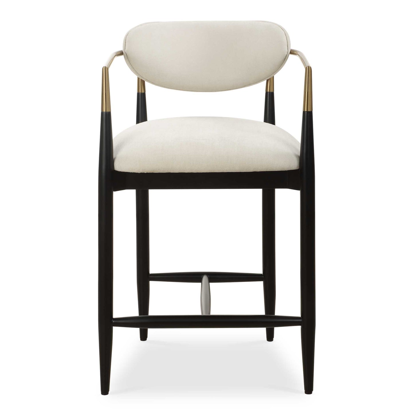 The Sleek Wraparound Frame Of The Moxie Counter Stool Exudes Style And Sophistication. The Tapered Solid Wood Frame Is Finished In Matte Black And Accented By Metal Arms In Plated Brushed Brass. Its Plush Seat And Back Is Upholstered In A Finely Textured Off White, Low Pile Velvet.