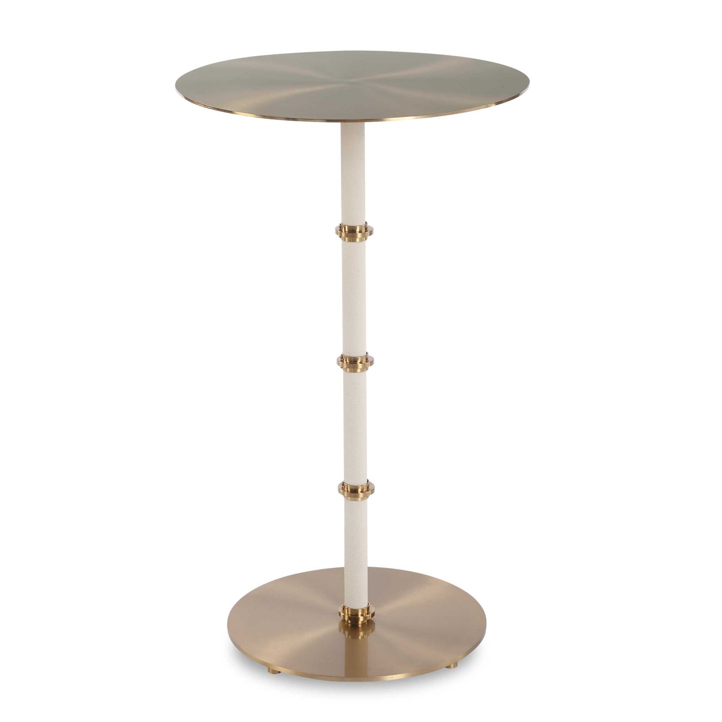 This Accent Table Showcases A White Faux Shagreen Leather Wrapped Body, Offering A Soft, Textured Appeal With Brass Plated Steel Bands That Rise Along The Body. The Table Top Is Crafted From Brass Plated Steel, Adding A Touch Of Modern Luxury To The Piece.