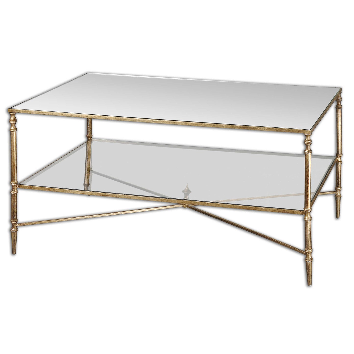 An Elegant Silhouette In Iron With A Cross Stretcher Accent Finished In Gold Leaf With Heavy Antiquing. Top Is Reinforced Mirror And Gallery Shelf Is Clear Tempered Glass.