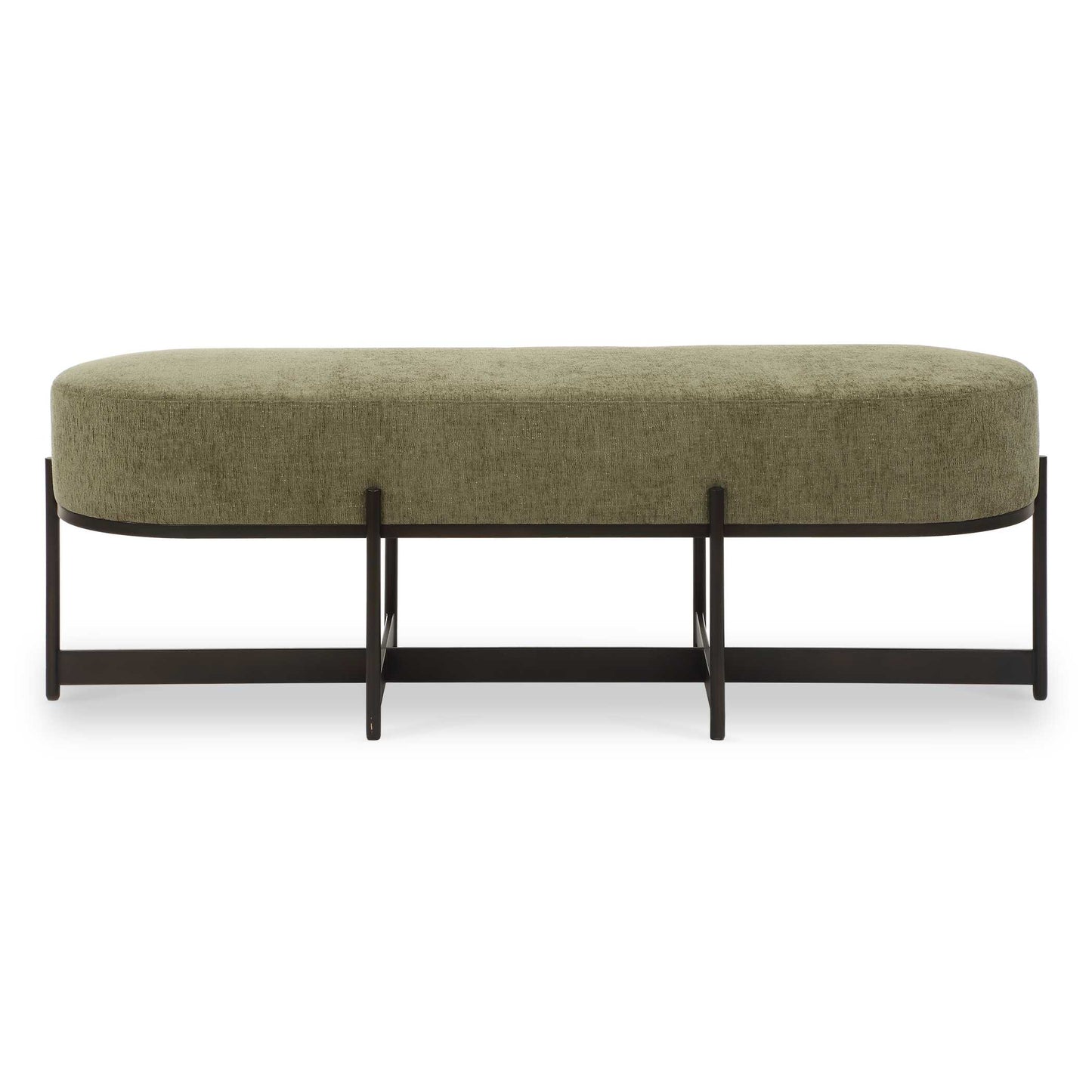 The Angular Bronze Iron Frame Of The Merino Bench Cradles The Plush Seat, Upholstered In A Finely Textured Moss Toned Polyester.