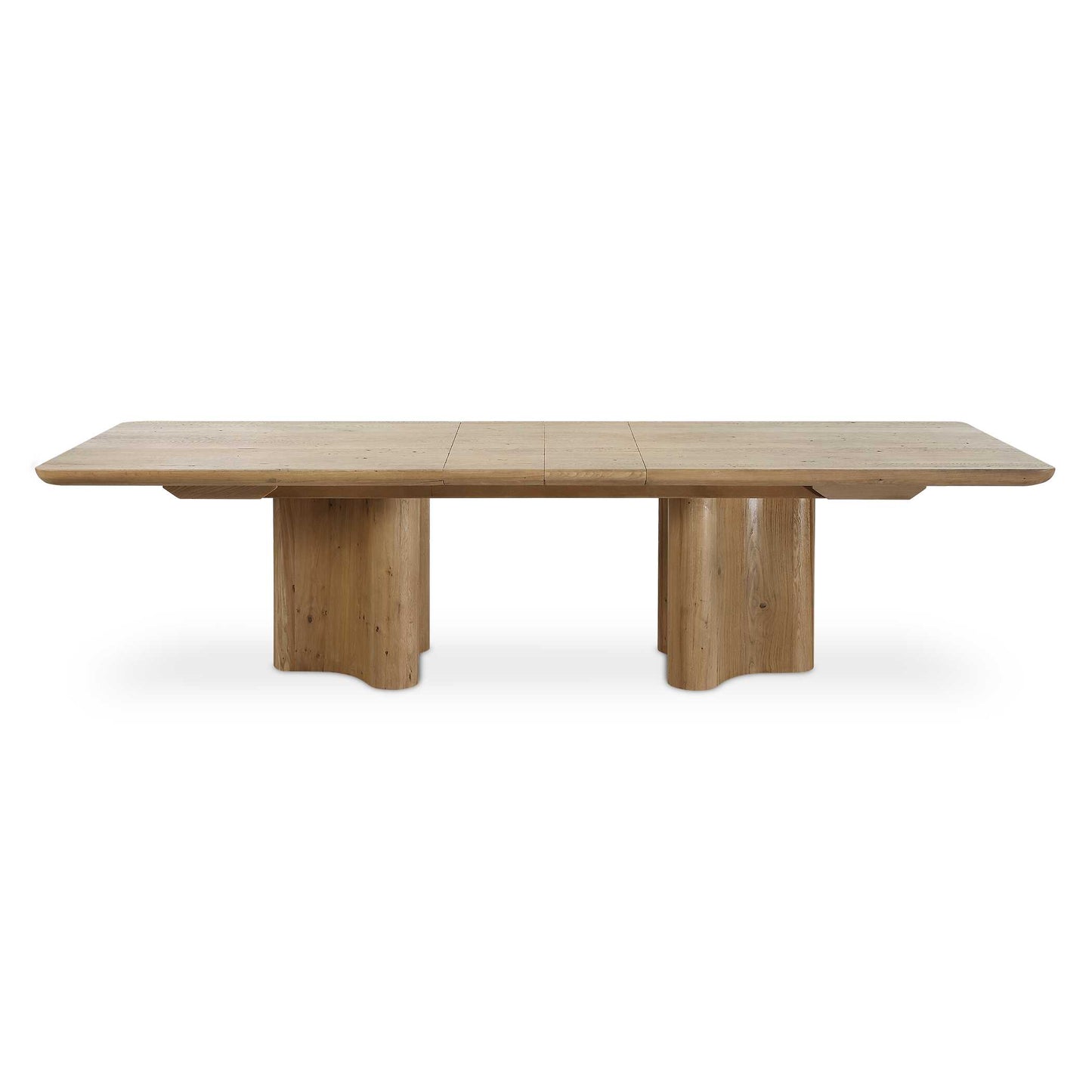 This Dining Table Brings Together Bold, Sculptural Forms. The Simple Tabletop Is Supported By Shapely Pedestal Legs, Crafted From Solid Reclaimed Oak. With Two 12" Leaves, This Extension Dining Table Can Vary From 96", 108", Or 120". Solid Wood Will Continue To Move With Temperature And Humidity Changes, Which Can Result In Cracks And Uneven Surfaces, Adding To Its Authenticity And Character.