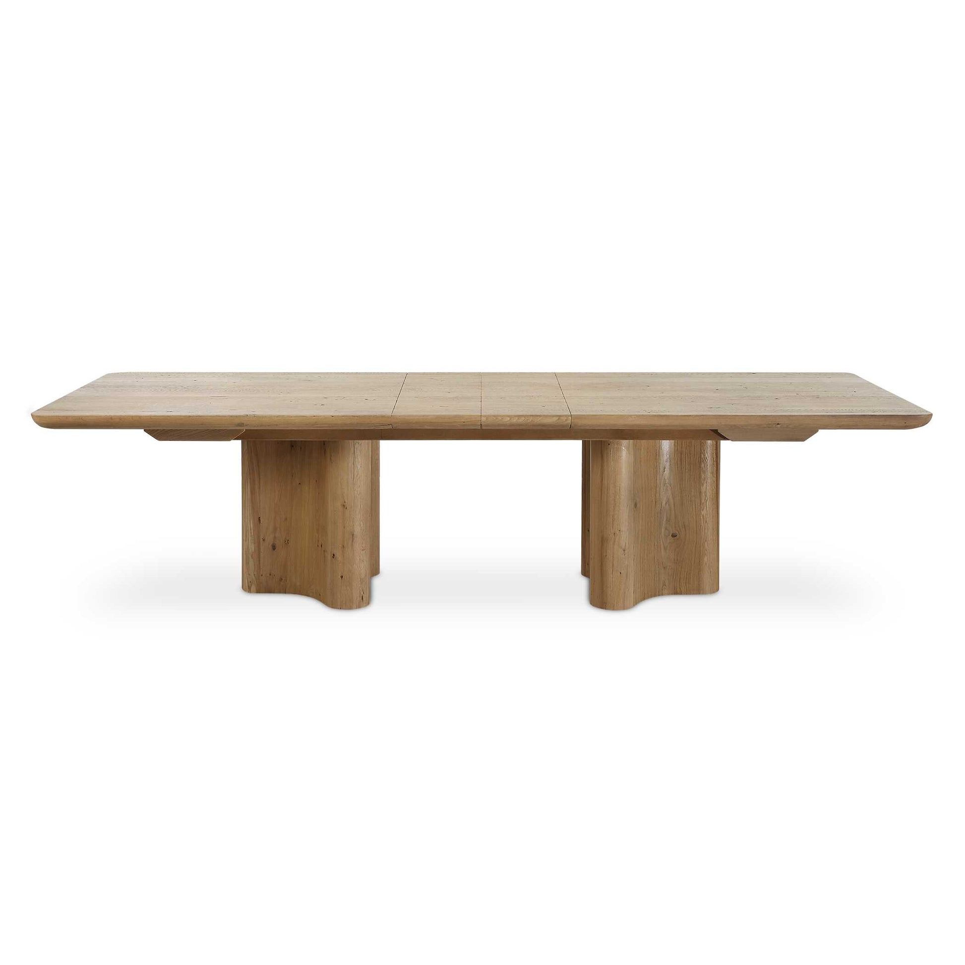 This Dining Table Brings Together Bold, Sculptural Forms. The Simple Tabletop Is Supported By Shapely Pedestal Legs, Crafted From Solid Reclaimed Oak. With Two 12" Leaves, This Extension Dining Table Can Vary From 96", 108", Or 120". Solid Wood Will Continue To Move With Temperature And Humidity Changes, Which Can Result In Cracks And Uneven Surfaces, Adding To Its Authenticity And Character.