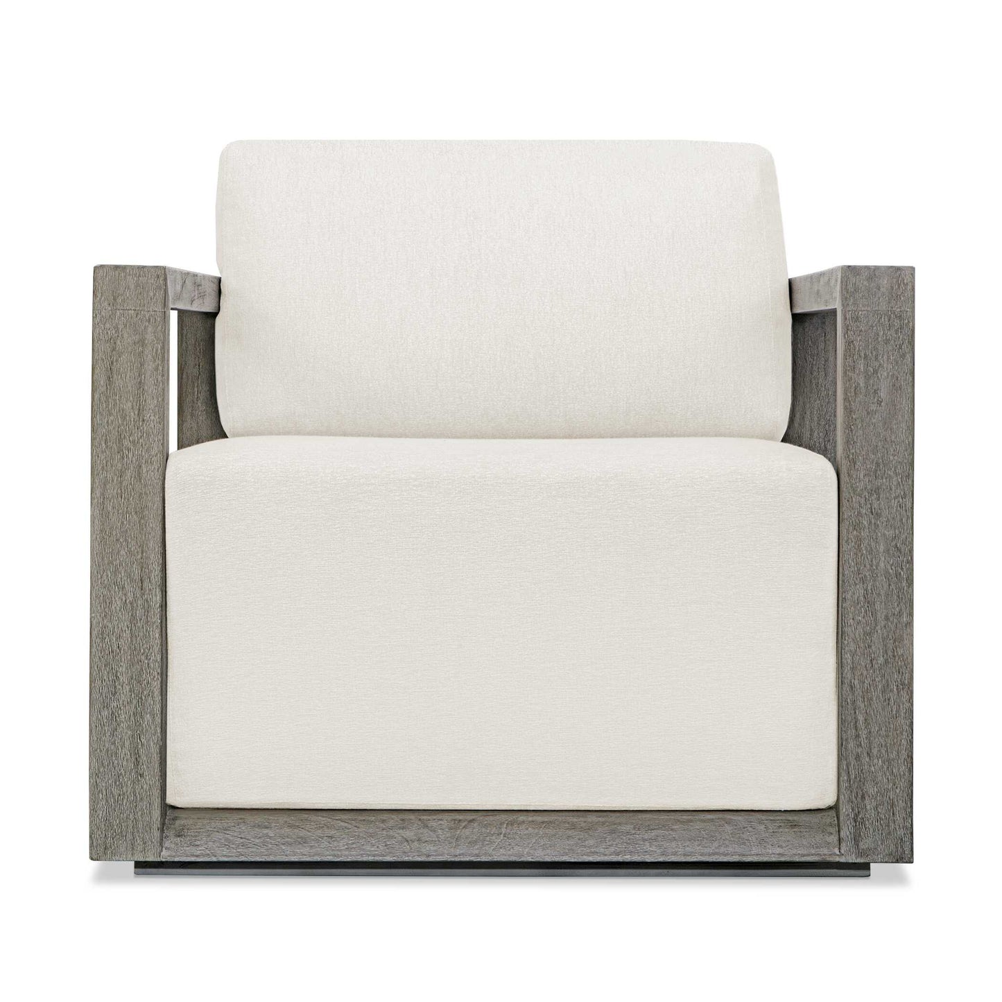 The Remsen Outdoor Lounge Chair Features A Striking Architectural Frame With Smooth Interior Curves That Give A Sculptural Presence. Constructed Of Solid Mahogany Wood In A Weathered Gray Finish With Wire-brushed Details. Its Generously Cushioned Floating Seat, Upholstered In An Oyster White Solution Dyed Acrylic Fabric, Is Designed To Withstand The Moisture And Dirt That Comes With Outdoor Use. Solid Wood Will Continue To Move With Temperature And Humidity Changes, Which Can Result In Cracks And Uneven Sur