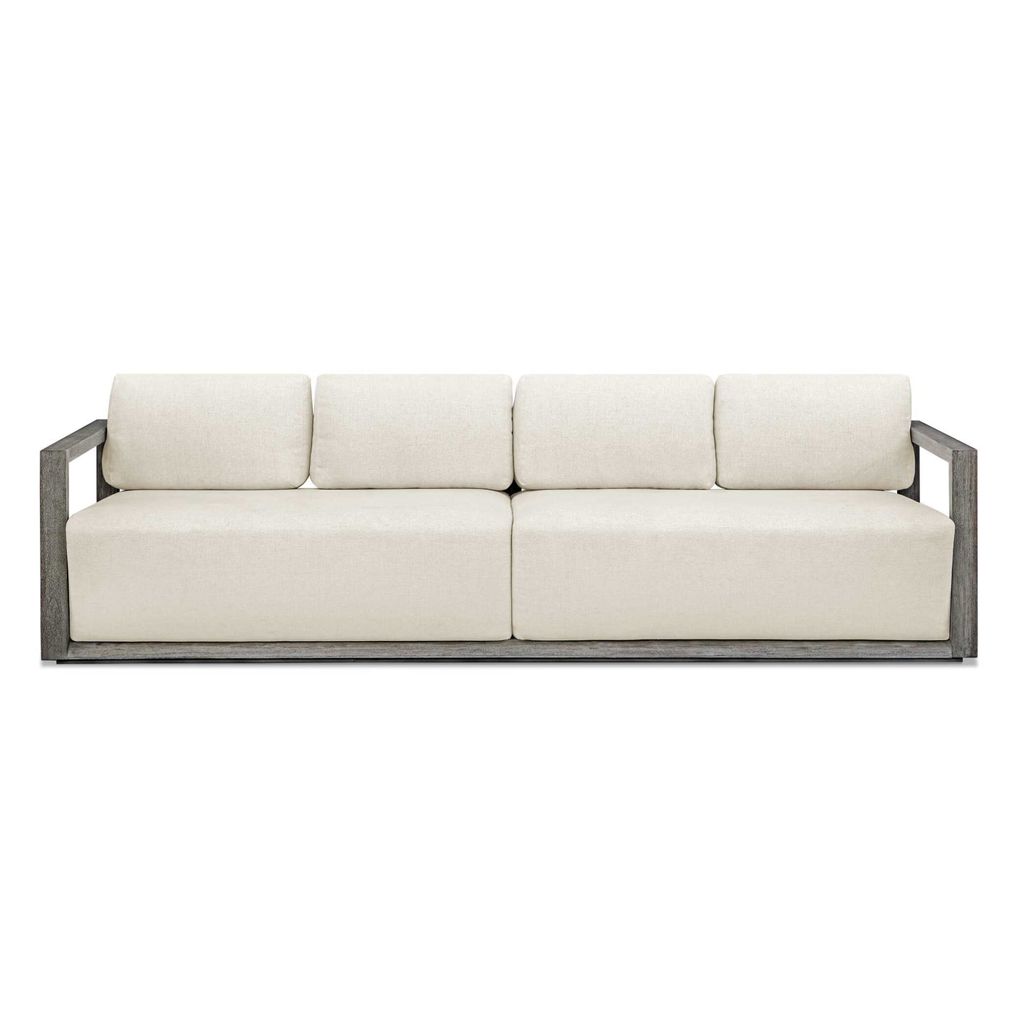 The Remsen Outdoor Sofa Features A Striking Architectural Frame With Smooth Interior Curves That Give A Sculptural Presence. Constructed Of Solid Mahogany Wood In A Weathered Gray Finish With Wire-brushed Details. Its Generously Cushioned Floating Seat, Upholstered In An Oyster White Solution Dyed Acrylic Fabric, Is Designed To Withstand The Moisture And Dirt That Comes With Outdoor Use. Solid Wood Will Continue To Move With Temperature And Humidity Changes, Which Can Result In Cracks And Uneven Surfaces, A