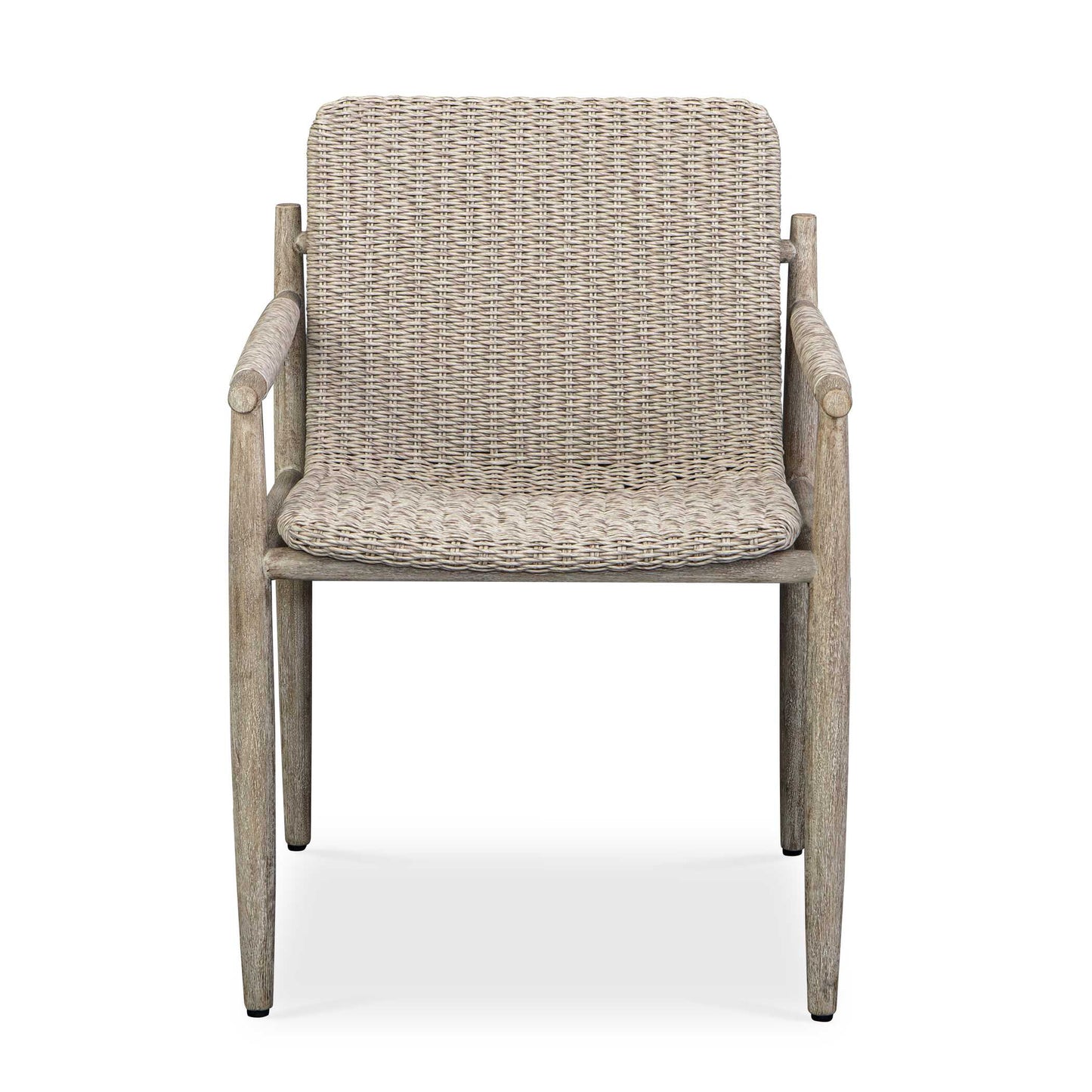 Indulge In Comfort With The Stylish Sumba Outdoor Dining Chair. The Continuous Scooped Seat In Light Gray All-weather Wicker Offers A Relaxing Feel, Cradled By The Durable Mahogany Wood Frame Finished In Cerused Wheat, Ensuring Long-lasting Use.