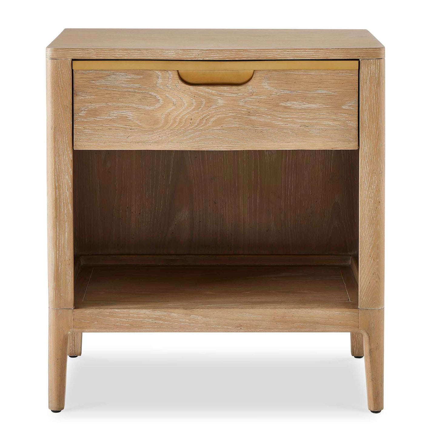 Composed Of Primarily Solid Oak In A Natural Light Finish, The Tabi Side Table Features A Single Drawer With An Open Shelf And Brass Plated Metal Detailing.