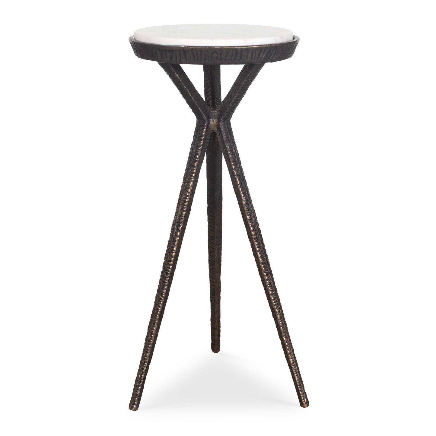 The Tilton Accent Table Features A Striking Geometric Aluminum Base With A Hand-forged Chiseled Texture, Finished In A Worn, Dark Bronze. The Tabletop Is Adorned With A Captivating White Marble Slab With Gray Veining. Due To The Nature Of Natural Stone, Every Piece Will Vary Slightly Ensuring Yours Is Unique.