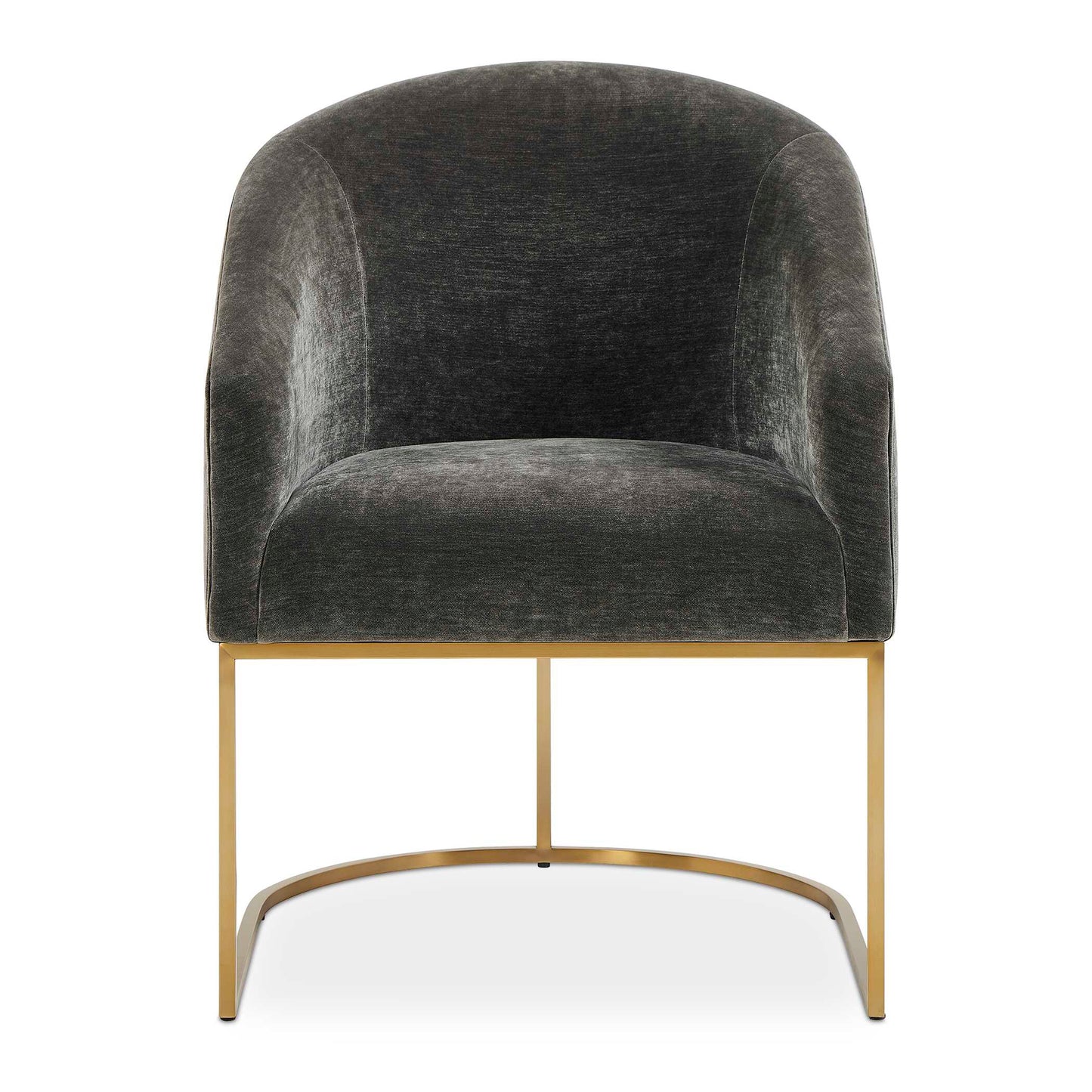 The Hanni Dining Chair Features A Sleek, Curved Steel Frame In A Brass Plated Finish And A Barrel Style Seat Upholstered In Charcoal Polyester Velvet.
