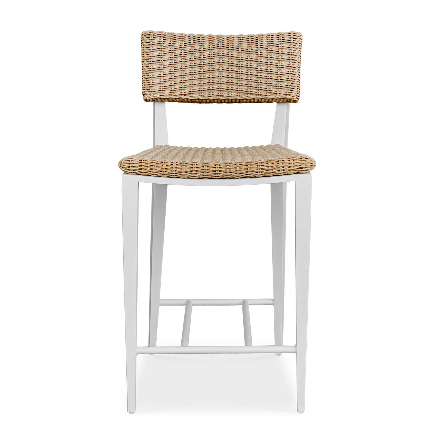 The Calbas Counter Stool Perfectly Blends Style And Comfort. The Crisp White, Powder Coated Aluminum Frame And Hand Wrapped, Honey Toned All-weather Wicker Create A Harmonious Look That Will Enhance Any Outdoor Setting.
