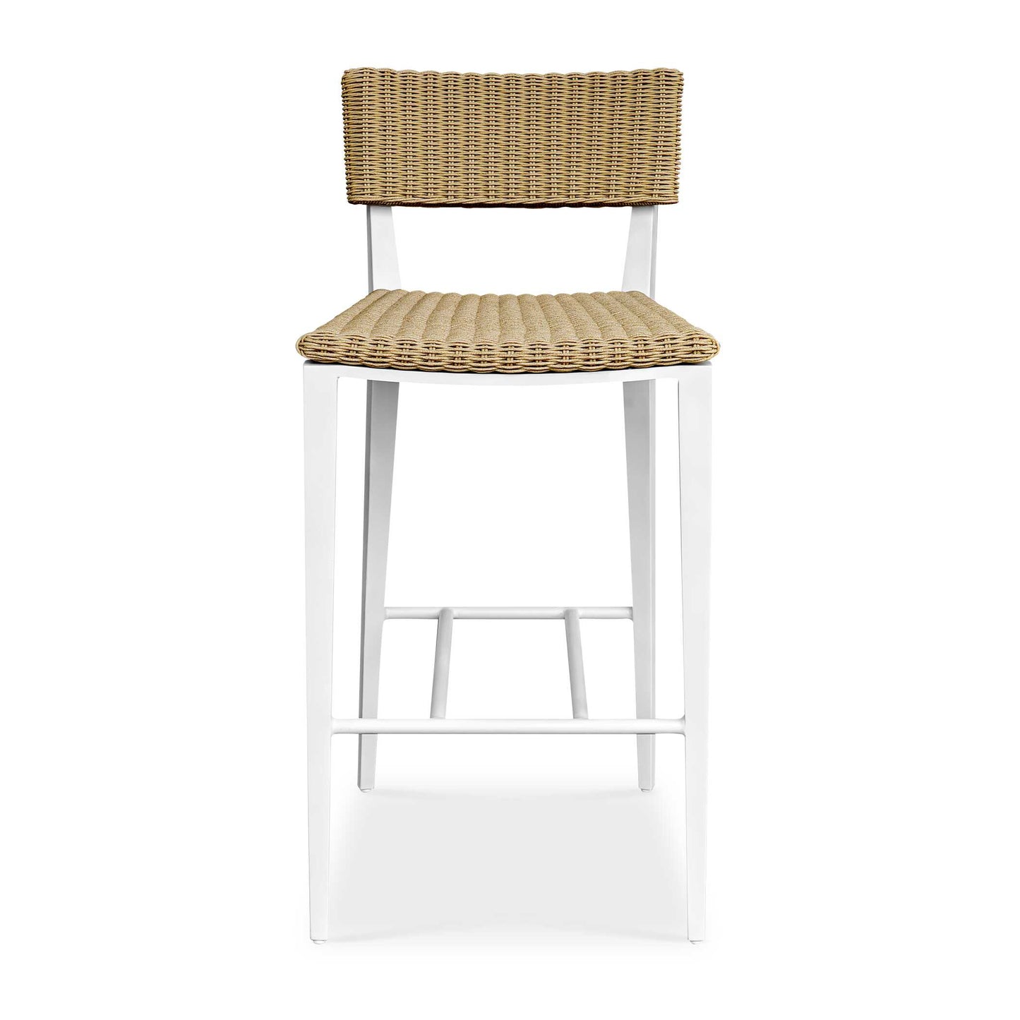 The Calbas Bar Stool Perfectly Blends Style And Comfort. The Crisp White, Powder Coated Aluminum Frame And Hand Wrapped, Honey Toned All-weather Wicker Create A Harmonious Look That Will Enhance Any Outdoor Setting.