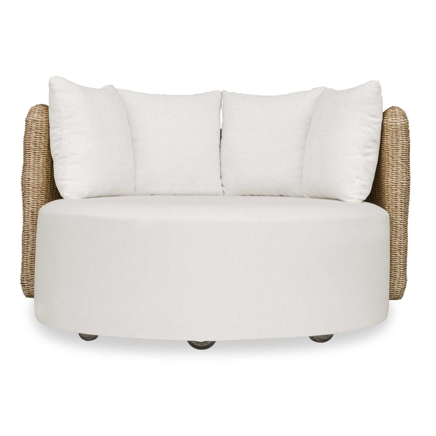 Unwind In The Sun With The Inviting Sunset Outdoor Swivel Day Bed. Featuring An Oversized, Sculpted Back That Is Hand Woven In Light Gray All-weather Wicker. Its Plush Seat And Throw Pillows Are Upholstered In Oyster White Solution Dyed Acrylic Fabric Designed To Withstand The Moisture And Dirt That Comes With Outdoor Use.