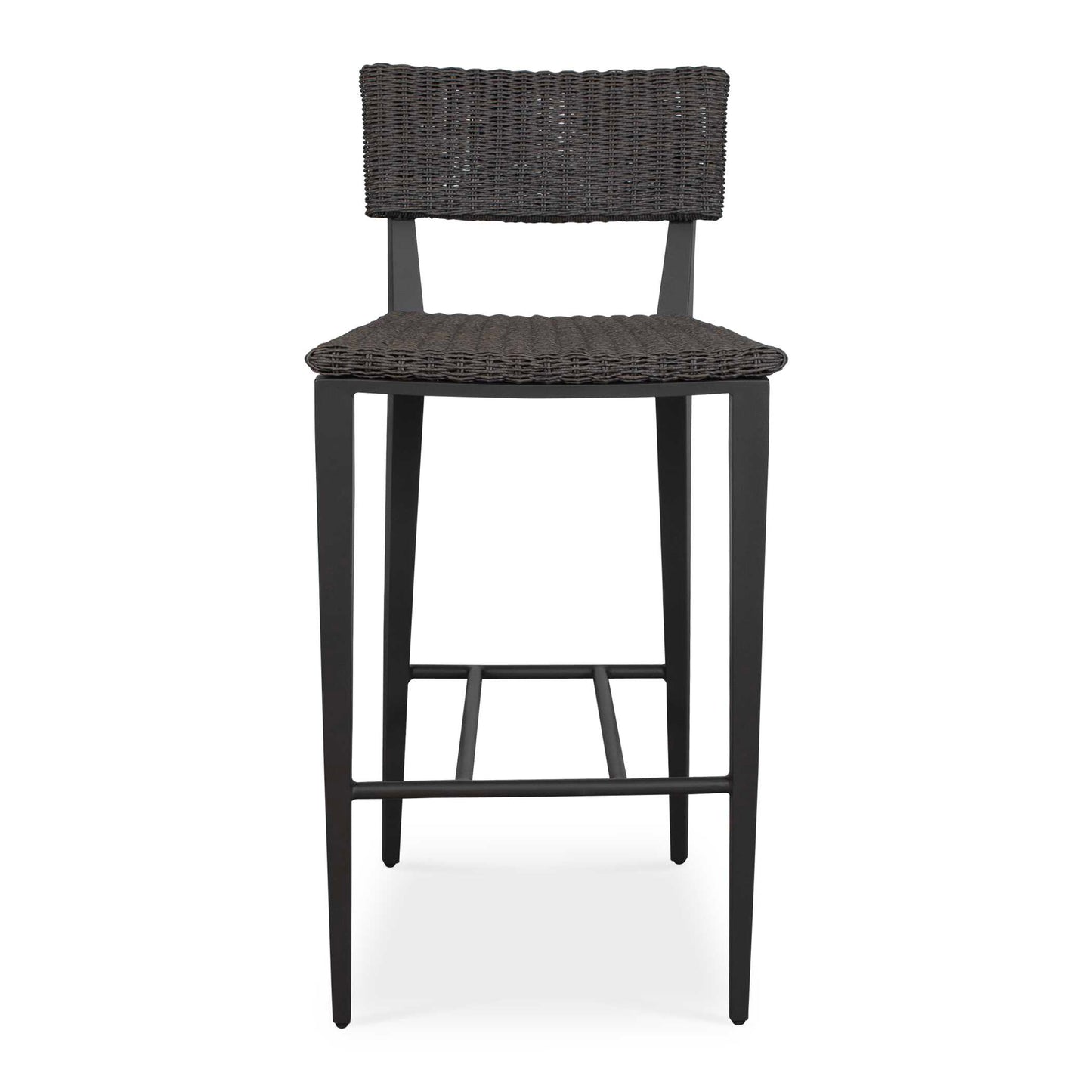 The Calbas Bar Stool Perfectly Blends Style And Comfort. The Java Black Powder Coated Aluminum Frame Is Hand Wrapped In A Textured Mocha All-weather Wicker Creating A Harmonious Look That Will Enhance Any Outdoor Setting.