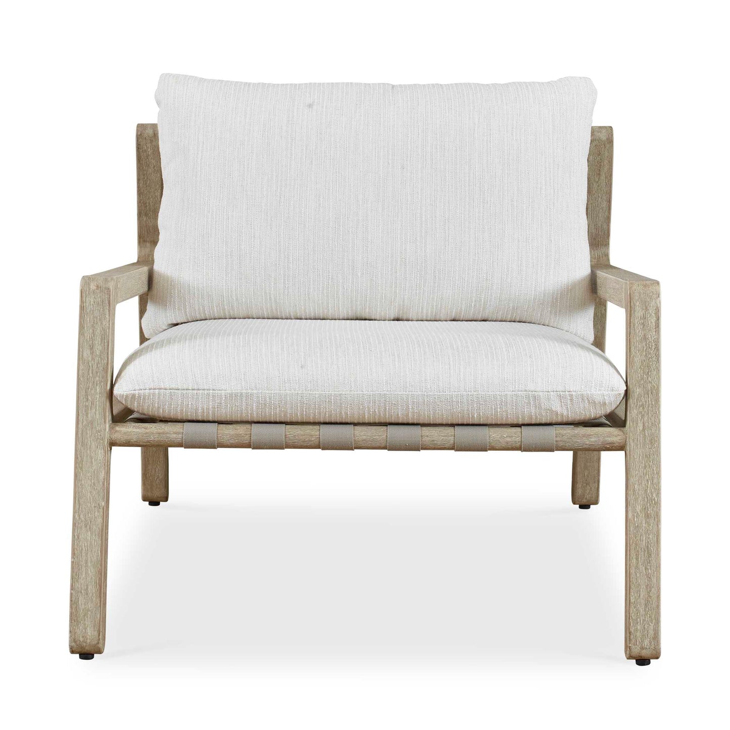 The Strapped Outdoor Lounge Chair Features A Casual, Laid Back Styling With A Mahogany Wood Frame In Cerused Wheat Accented With Taupe Back Straps Adding Function And Style. The Plush Cushions Are Upholstered In An Ivory Rattan Textured Sunbrella Solution Dyed Acrylic.