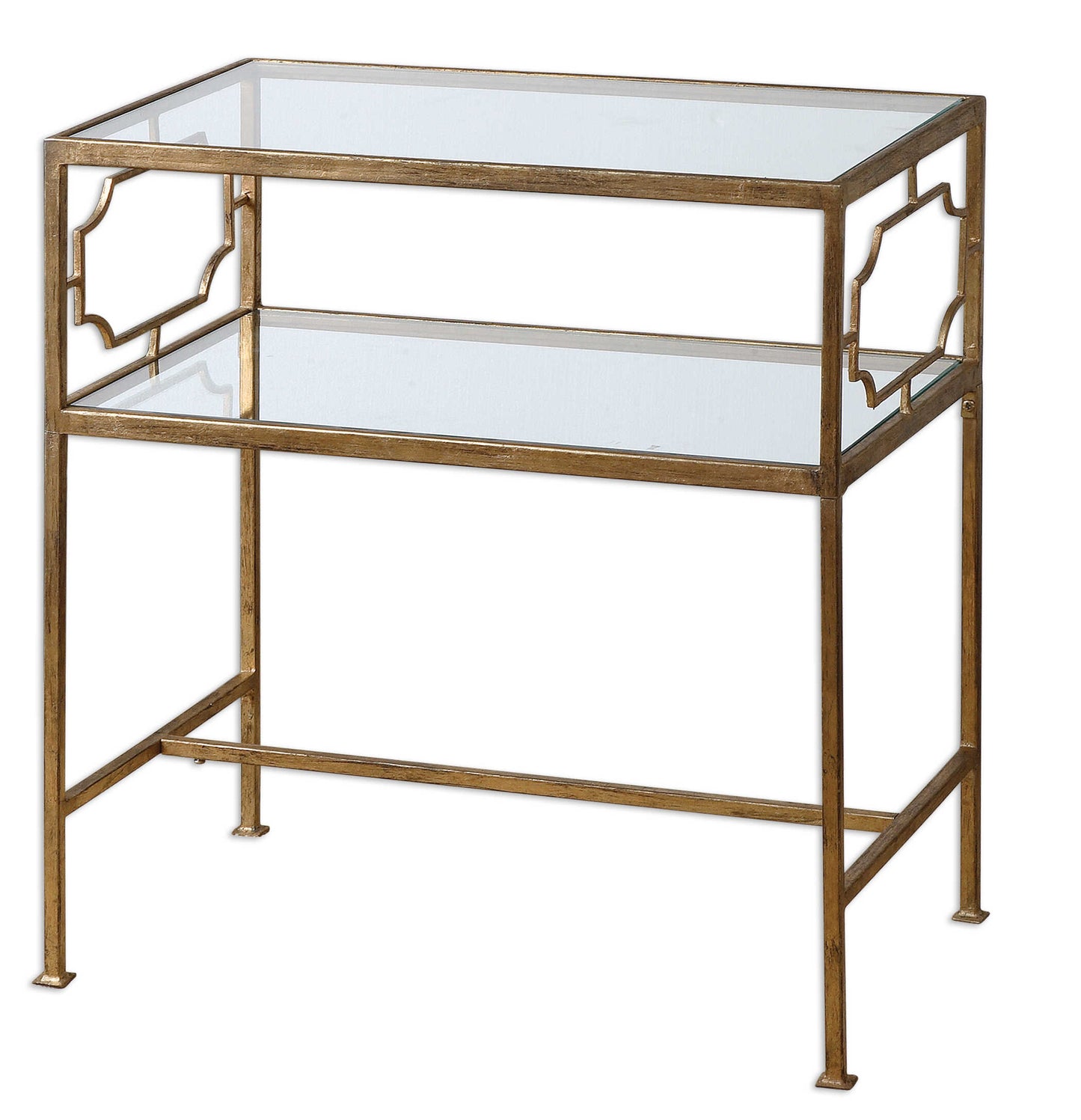 Featuring Elegant Forged Iron Decorated Sides, This Side Table Is Finished In Antique Gold Leaf With Clear Tempered Glass Top And Gallery Shelf.