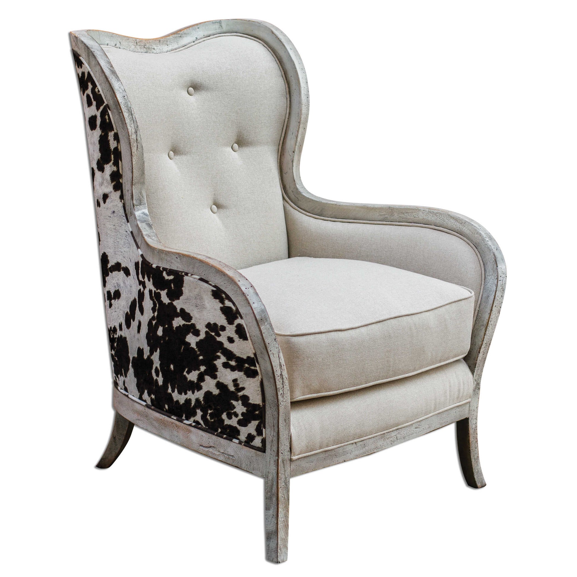 Curvy, Exposed Wood Frame Is Solid Mahogany Hardwood In An Aged, Bone-white Finish, Separating The Dark Chocolate And Milky White Velvet Outer Surround From The Soft, Neutral Polyester Box Cushion And Tufted Inside Back.