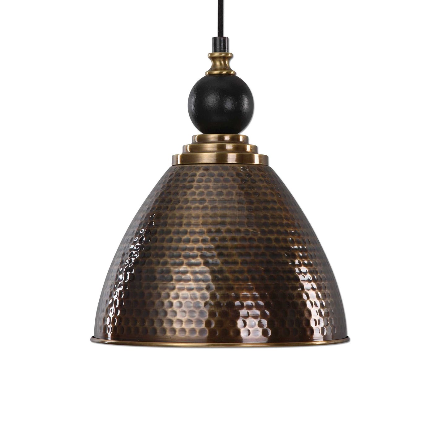 Hammered Antique Brass Finish On Metal Shade With Black Accent.