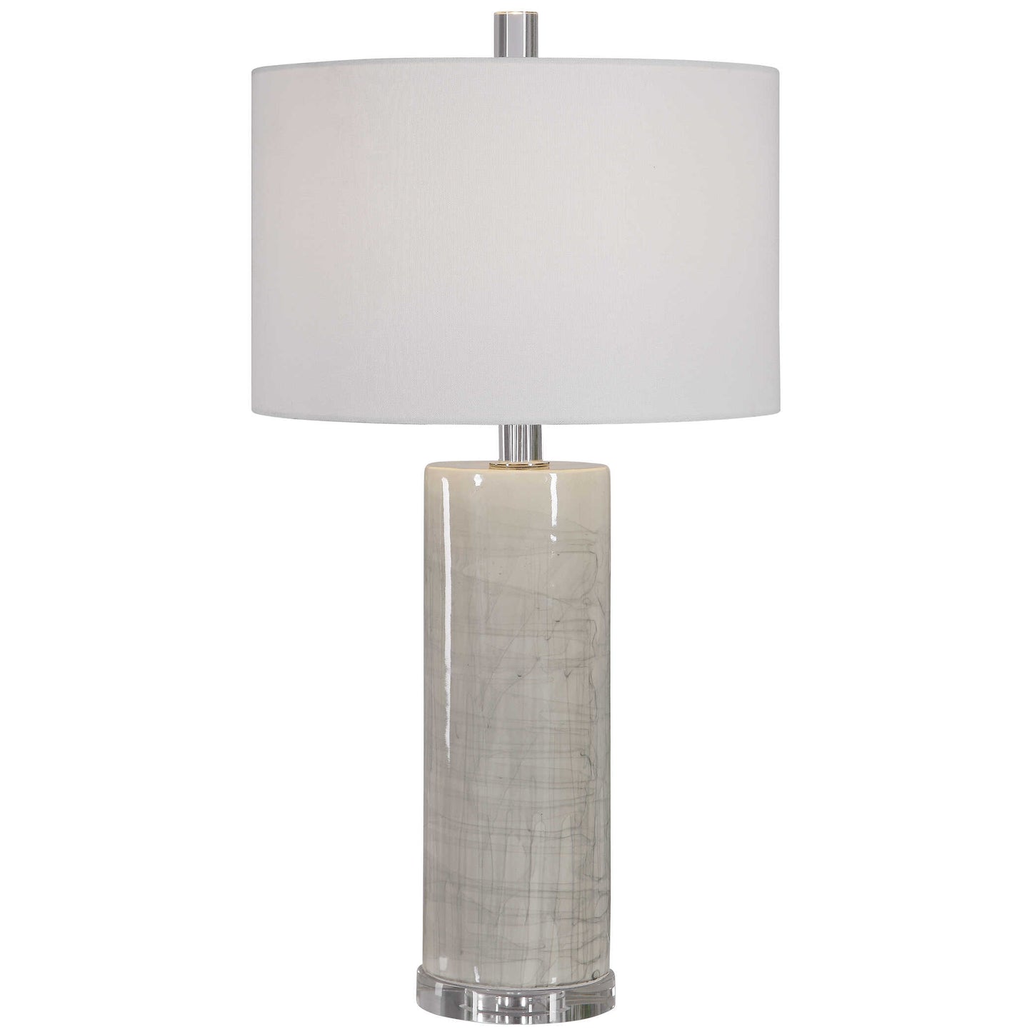 Modern In Design, This Ceramic Table Lamp Showcases A Neutral Beige Glaze With An Abstract Gray Drip Pattern, Paired With Elegant Crystal Details And Polished Nickel Plated Accents.