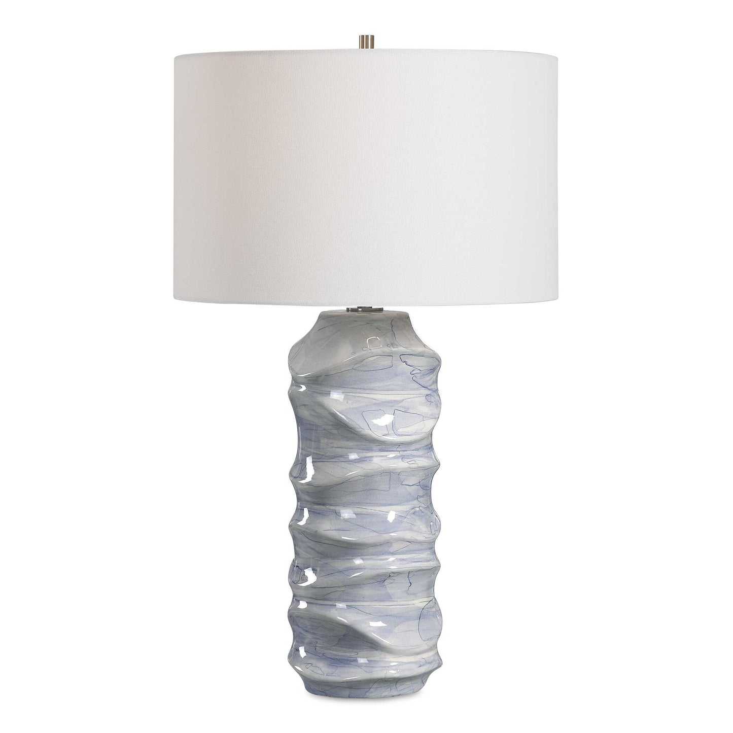 A Contemporary Take On Classic Blue And White Ceramics, This Table Lamp Features A Unique Sculpted Design With A Hand Applied Light Cobalt Blue Drip Glaze, Paired With Brushed Nickel Plated Details.