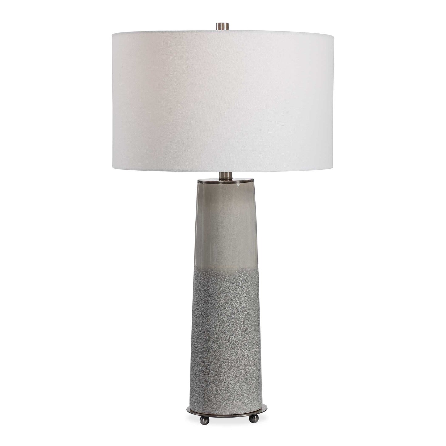 Sleek And Contemporary, This Ceramic Table Lamp Showcases A Two-tone Light Gray Glaze With A Gloss Sheen Top Half And A Textured Bottom Half, Complemented By Gunmetal Plated Accents.