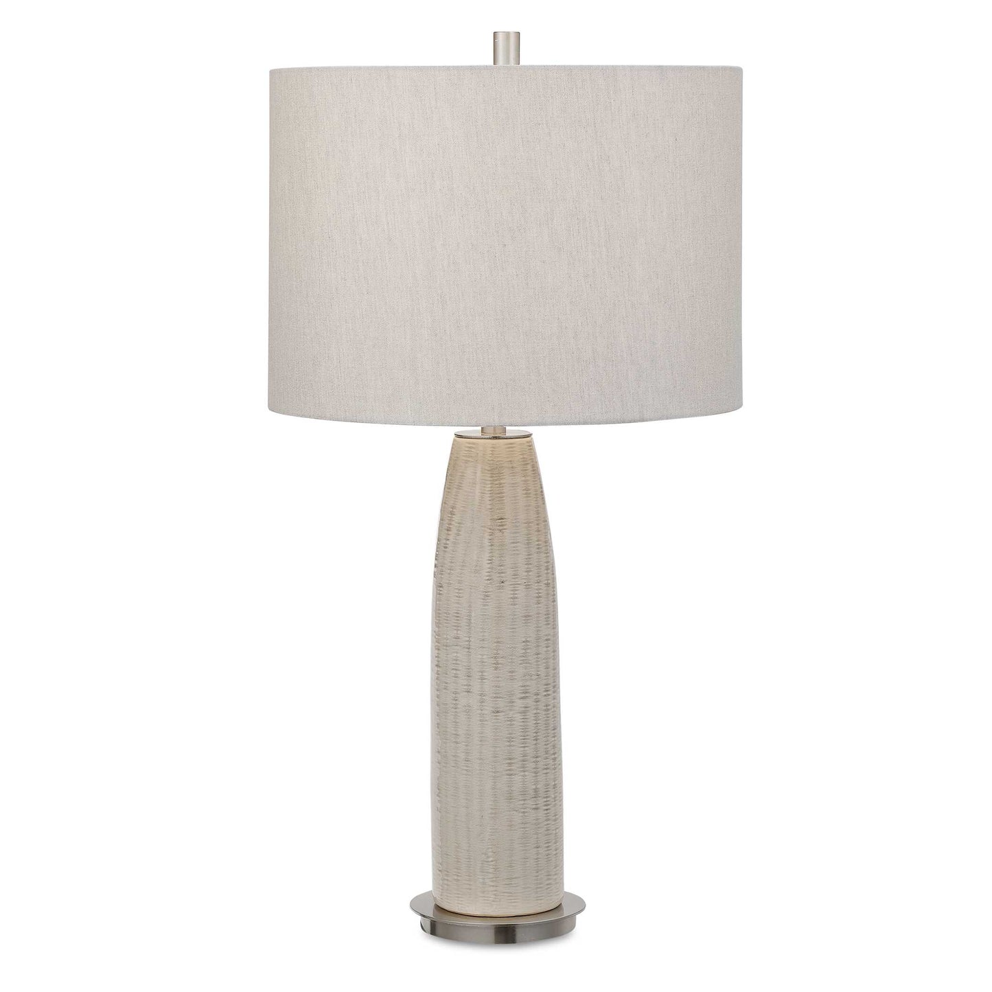 This Ceramic Base Keeps It Simple, Yet Upscale With A Fashionable Pattern Finished In A Distressed Light Gray Glaze, Paired With Brushed Nickel Plated Accents. The Hardback Drum Shade Is Light Gray Linen Fabric.
