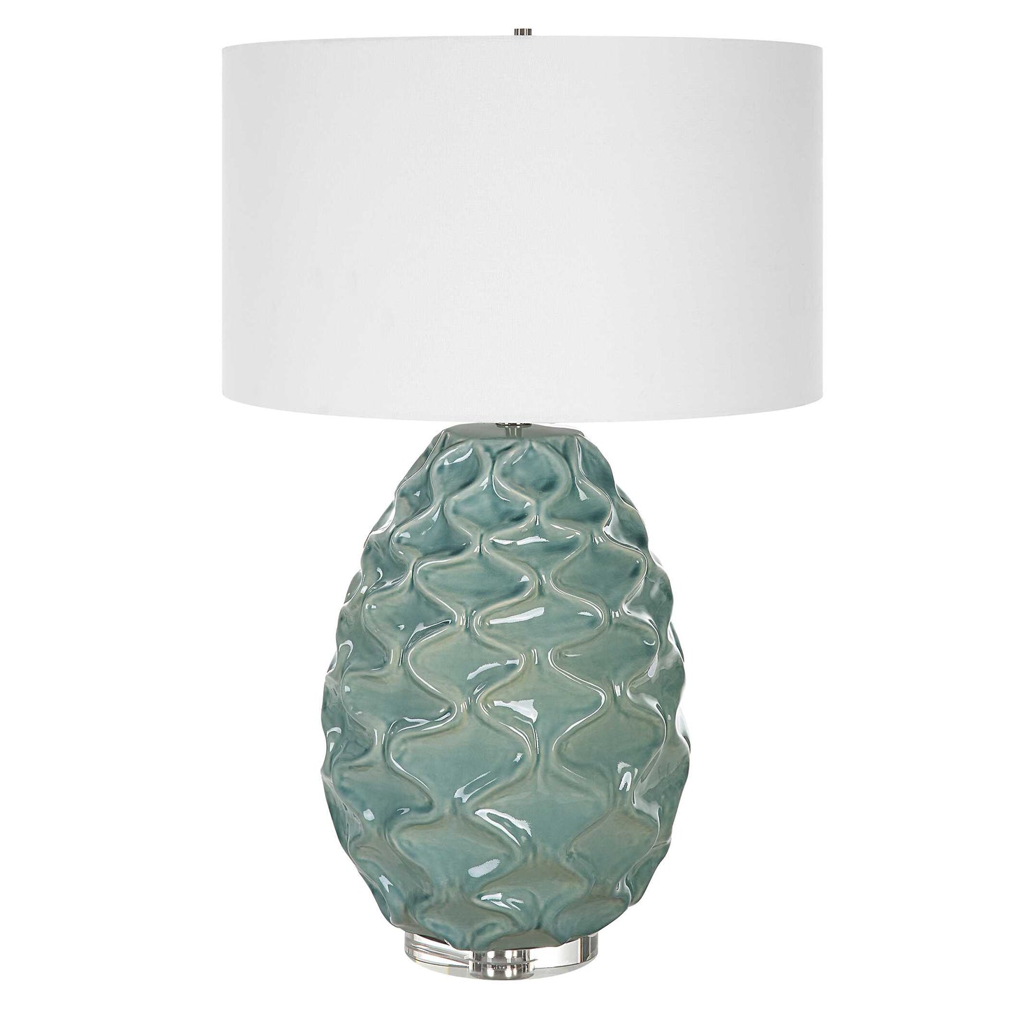 The Laced Up Table Lamp Is Handcrafted From Ceramic With Unique Raised Ribbon Details In A Sea Foam Gloss Glaze Atop A Thick Crystal Foot Paired With Brushed Nickel Plated Accents.