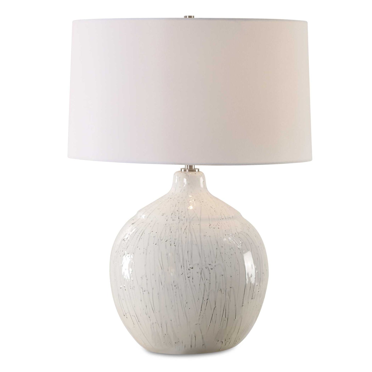 This Ceramic Table Lamp Features A White Glaze Finish With A Dripped Gray Texture, Paired With Plated Brushed Nickel Accents. Due To The Nature Of Fired Glazes On Ceramic Lamps, Finishes Will Vary Slightly.
