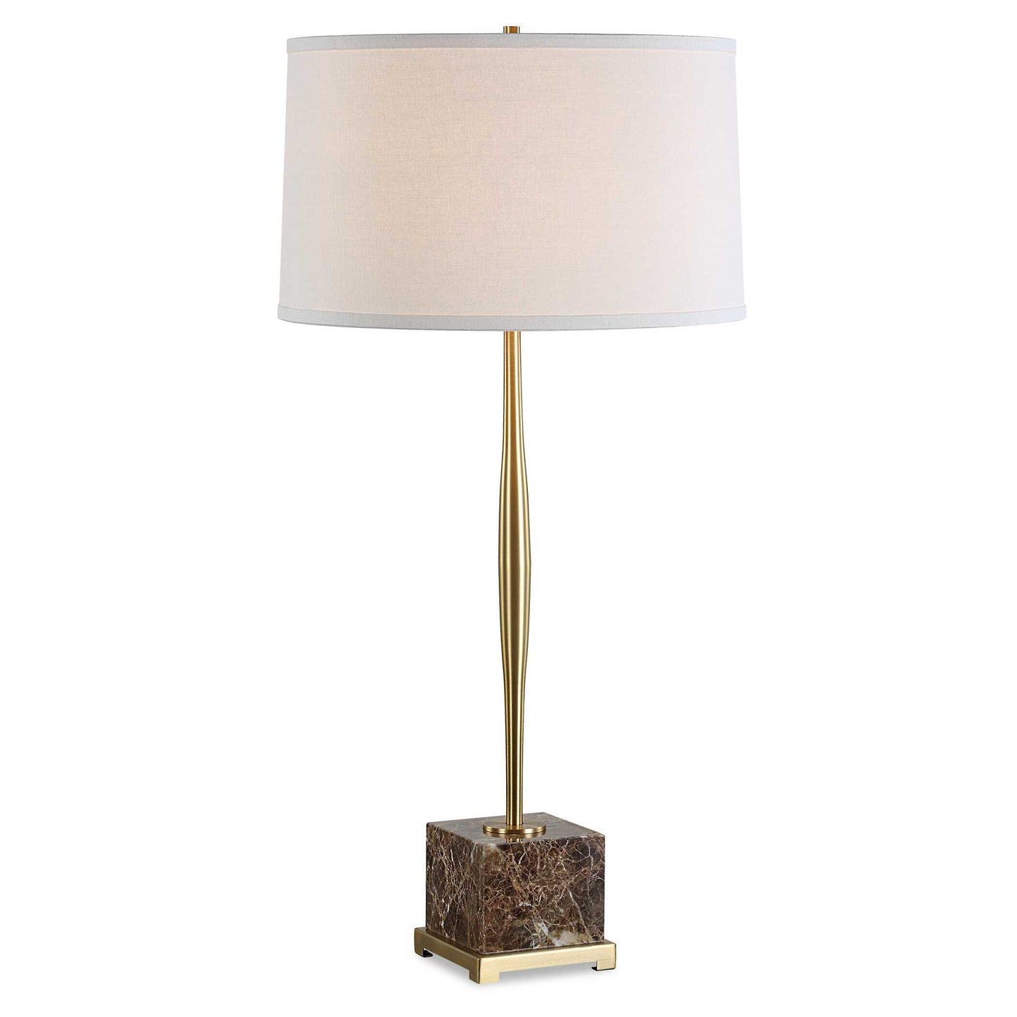 The Booker Table Lamp Showcases A Brown Marble Square Foot Accented With Plated Antique Brass Spindle Base And Hardware.