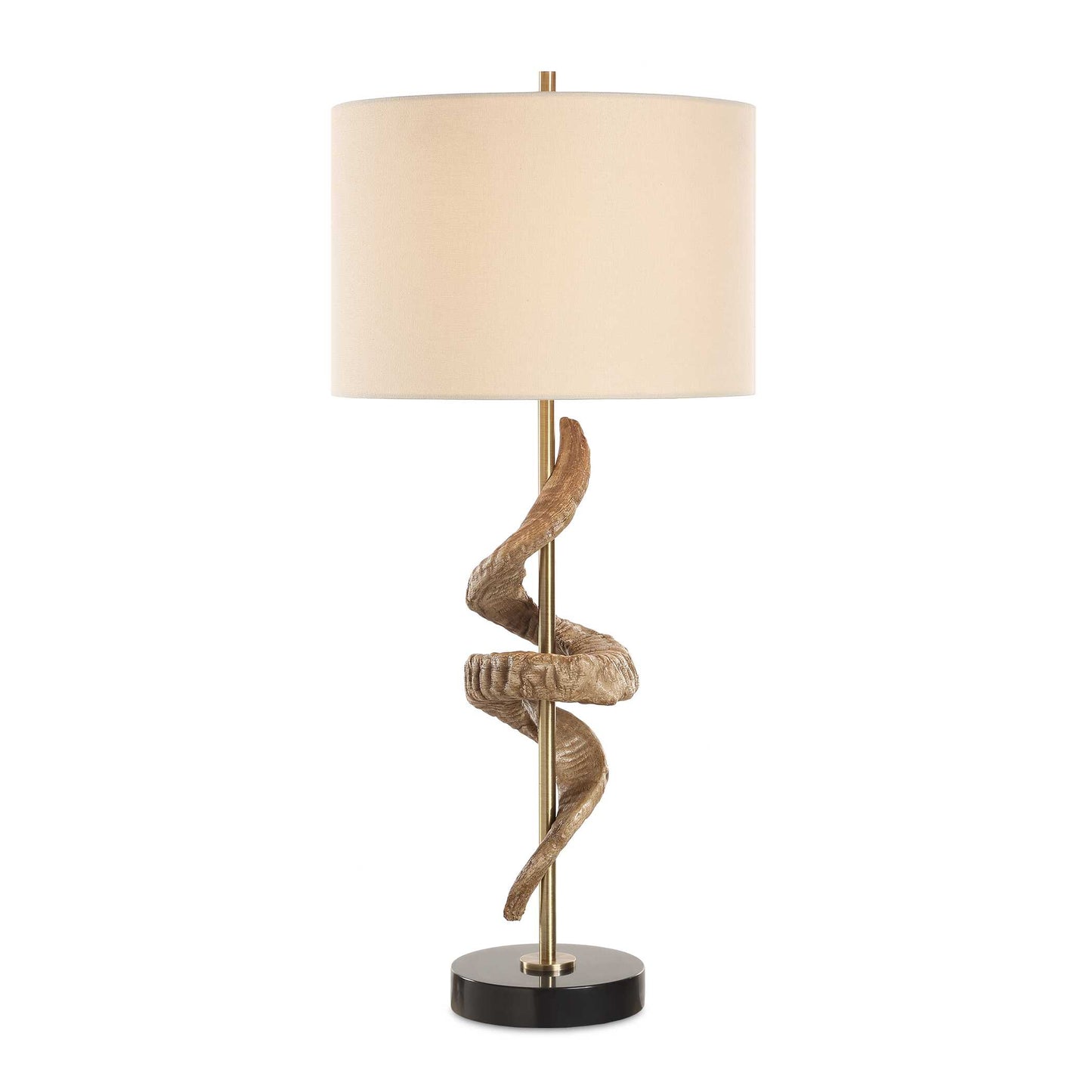 This Eye-catching Table Lamp Showcases A Sculpture Inspired By A Rams Horn Displayed Around A Plated Antique Brass Column And A Thick Black Marble Foot.