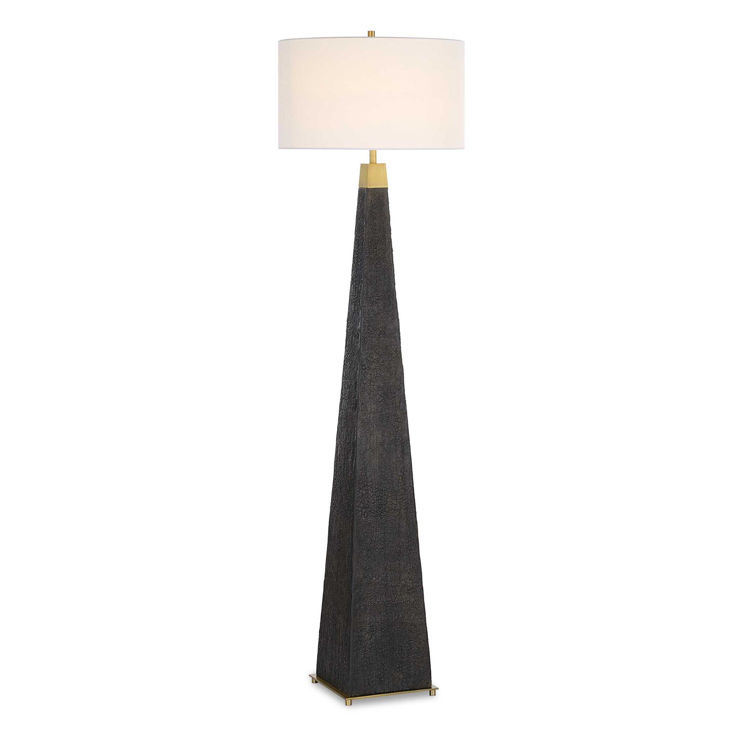 The Lathey Floor Lamp Showcases A Tapered Base With A Burned Wood Look Replicating The Timeless Shou Sugi Ban Technique Of Preserving Wood, Accented With Plated Brass Details.