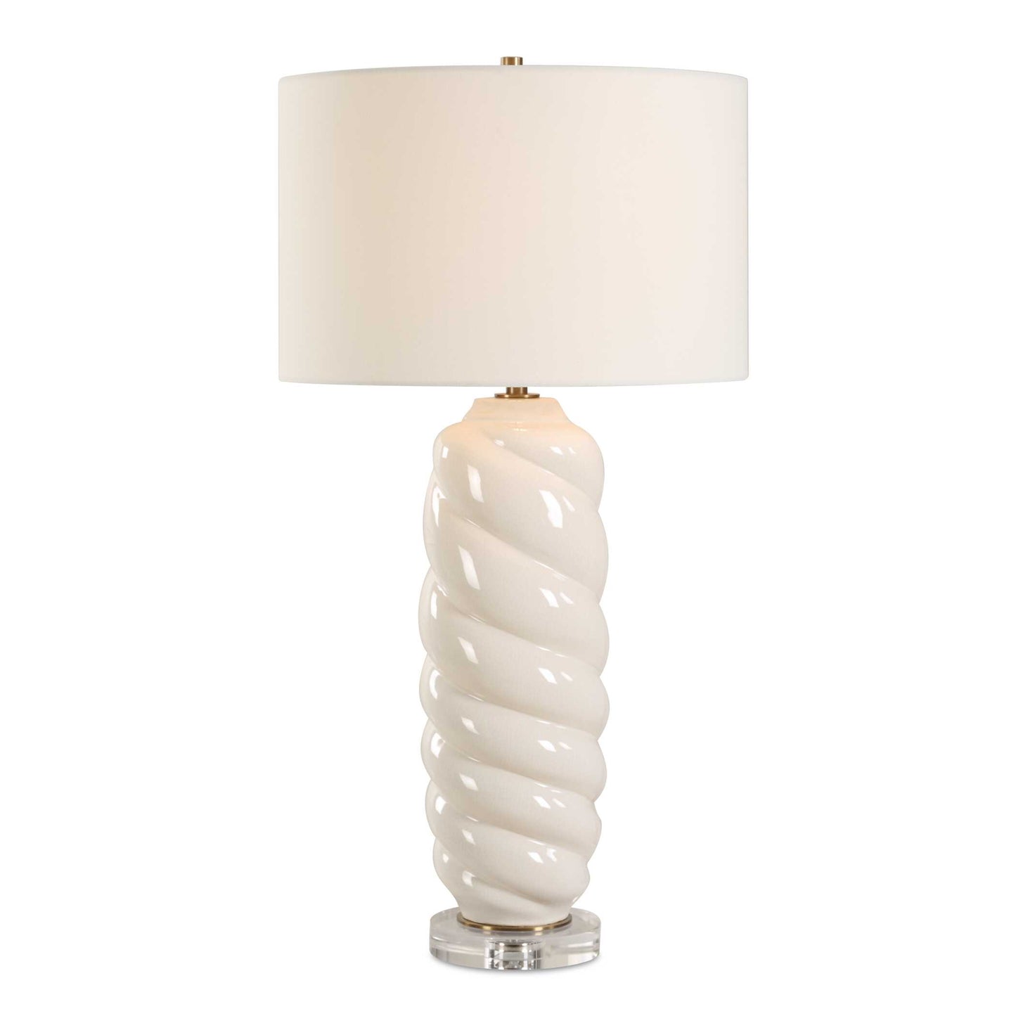 The Anneli Table Lamp Features A Gloss White Ceramic Base In A Tapered Swirl Design For A Timeless Coastal Appeal. The Addition Of A Crystal Foot And Antique Brass Plated Details Creates A Truly Unique And Eye-catching Look.