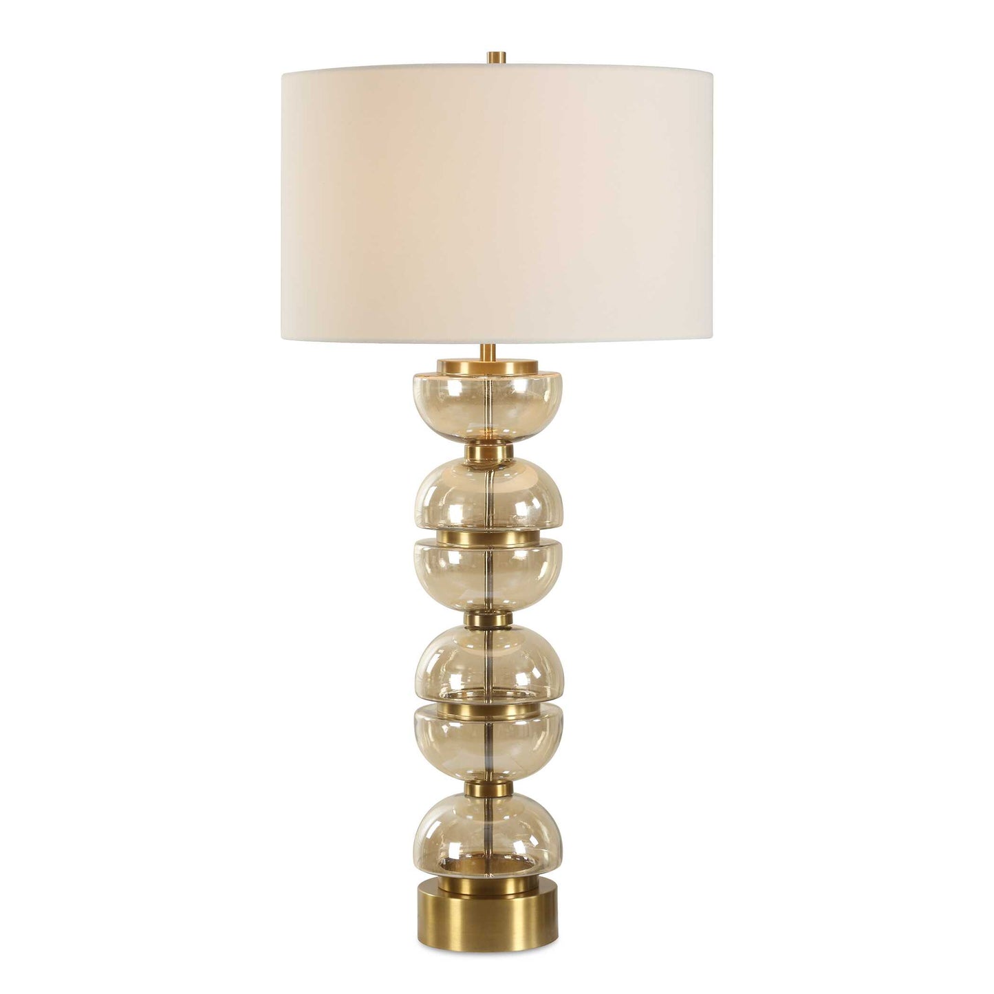 A Modern Statement Piece Featuring Stacked, Light Amber Glass Half-spheres And Luxurious Brass Plated Iron Accents.