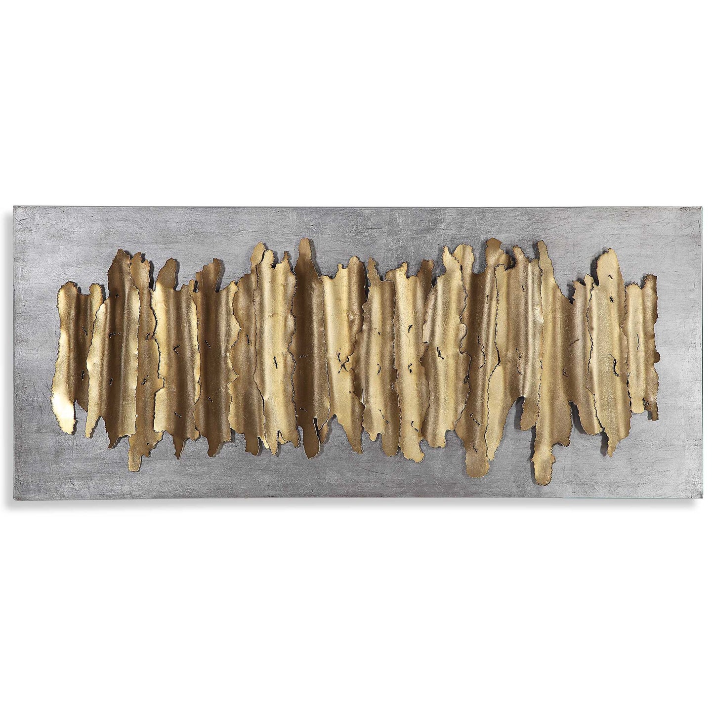 Iron Wall Art Featuring Layers Of Metal Strips With Crude Edging, Finished In An Antique Gold Leaf And Set On A Distressed Silver Leaf Iron Backing. May Be Hung Horizontal Or Vertical.