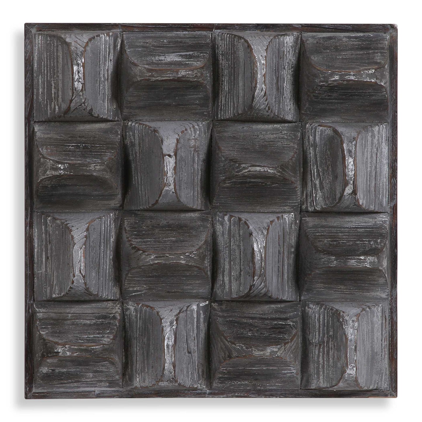 A Contemporary Take On Rustic Decor, This Wood Wall Panel Features 3-dimensional Scooped Fir Wood Blocks With A Distressed, Aged Gray Wash And Silver Highlights.