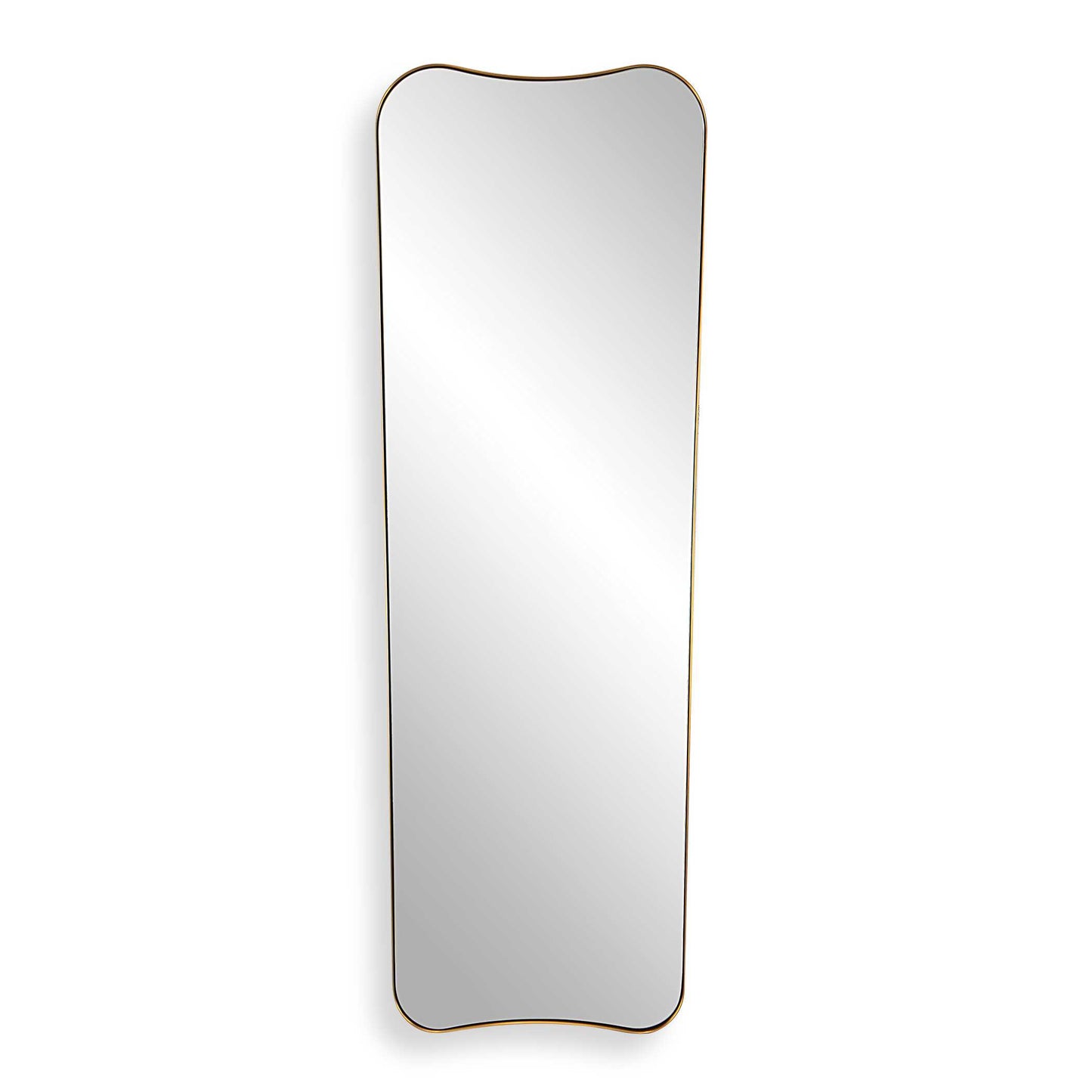 This Oversized Mirror Features A Sophisticated Stainless Steel Frame Finished In A Rich Antique Brass. The Curved Silhouette Adds A Contemporary Feel To This Piece.