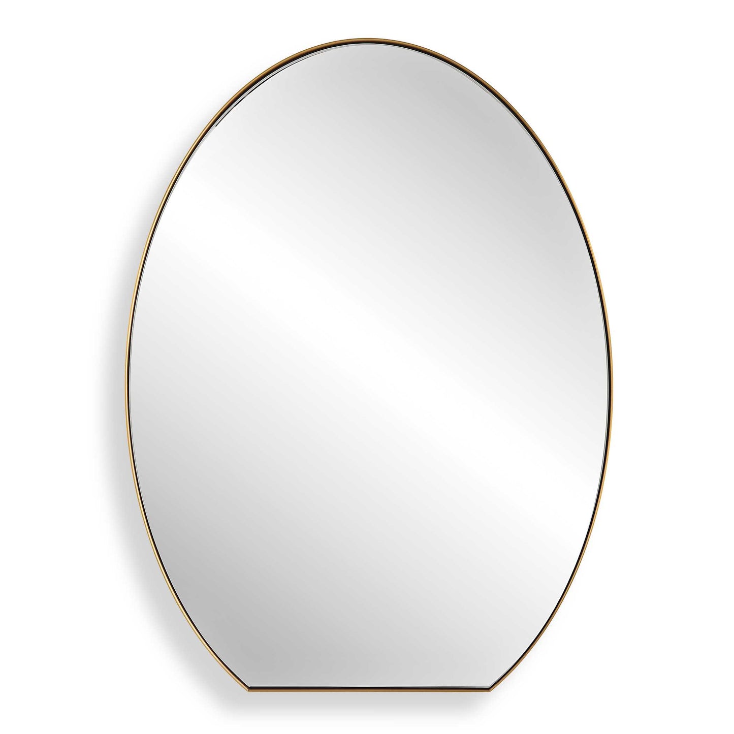 This Sleek Oval Mirror Features A Plated Brushed Brass Finish Over A Stainless Steel Frame That Surrounds A Floating Polished Edge Mirror.