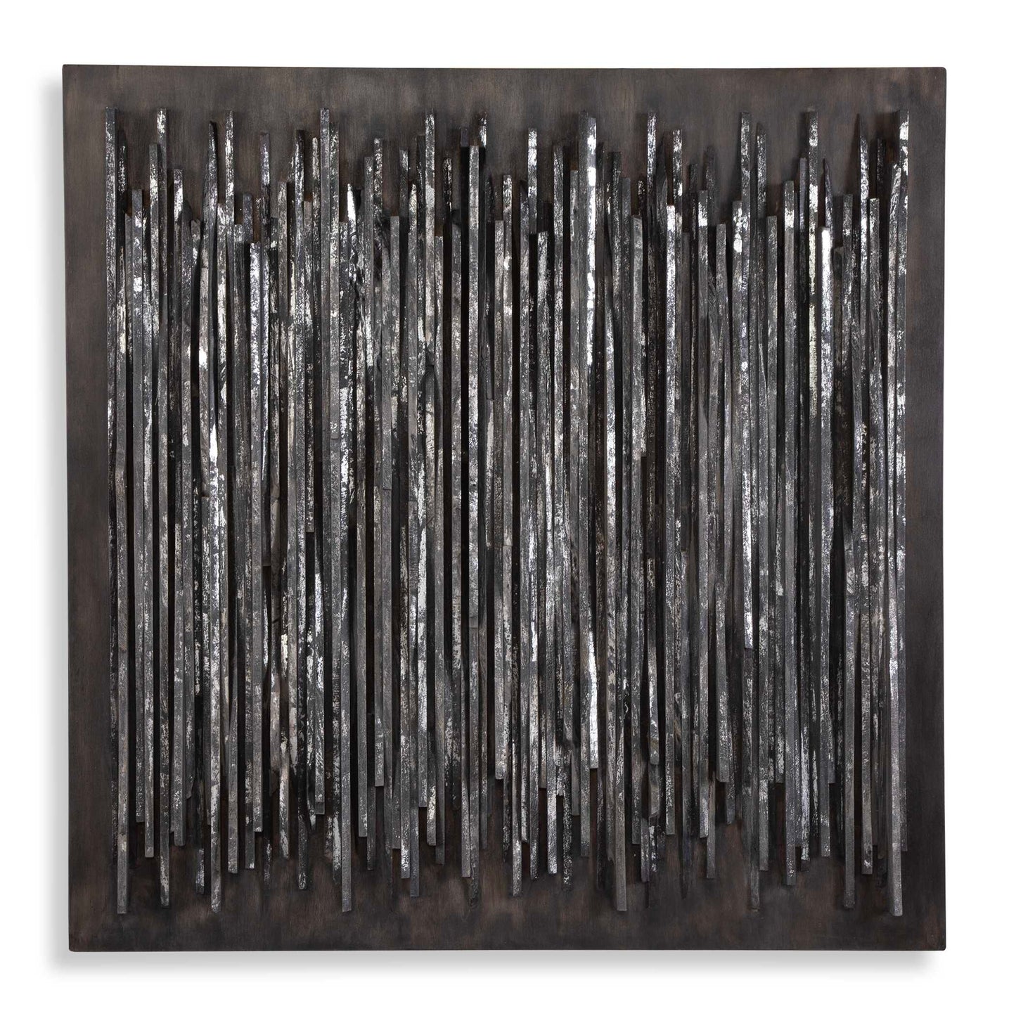Slate-like Strips Of Teak Wood Emerge In Textured Formation. Finished In Fossil Gray And Accented With Silver Leaf Highlights Over A Heavily Aged Background With Natural Wood Undertones.
