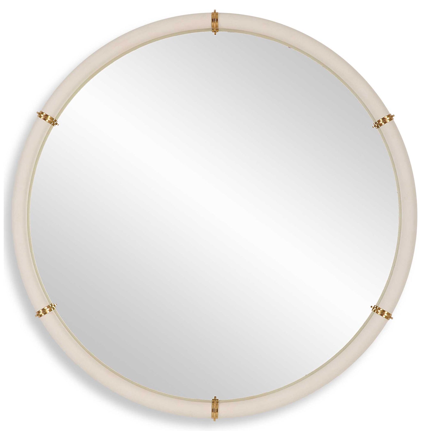 The Cyprus Round Mirror Showcases A White Faux Shagreen Leather Wrap Featuring Brass Plated Steel Bands That Help Elevate This Sophisticated Design.