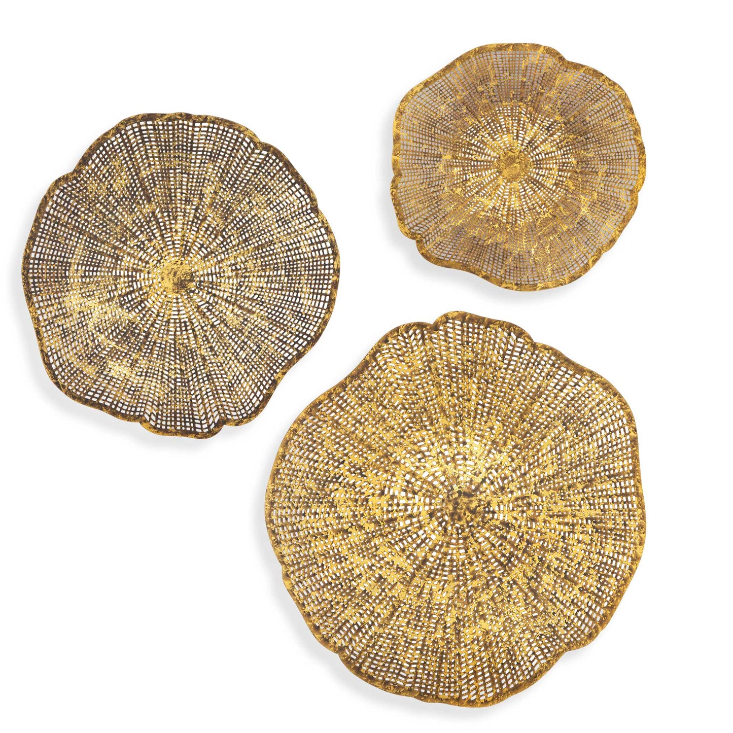 Radiant Flowers Of Laser Cut Metal Are Finished In Gold With Natural Distressing To Create Depth And Richness To Any Space. Use Multiple For A More Dramatic Display, Hanging From Any Direction. Sizes: Sm-16x16x2, Med-20x19x3, Lg-24x23x4