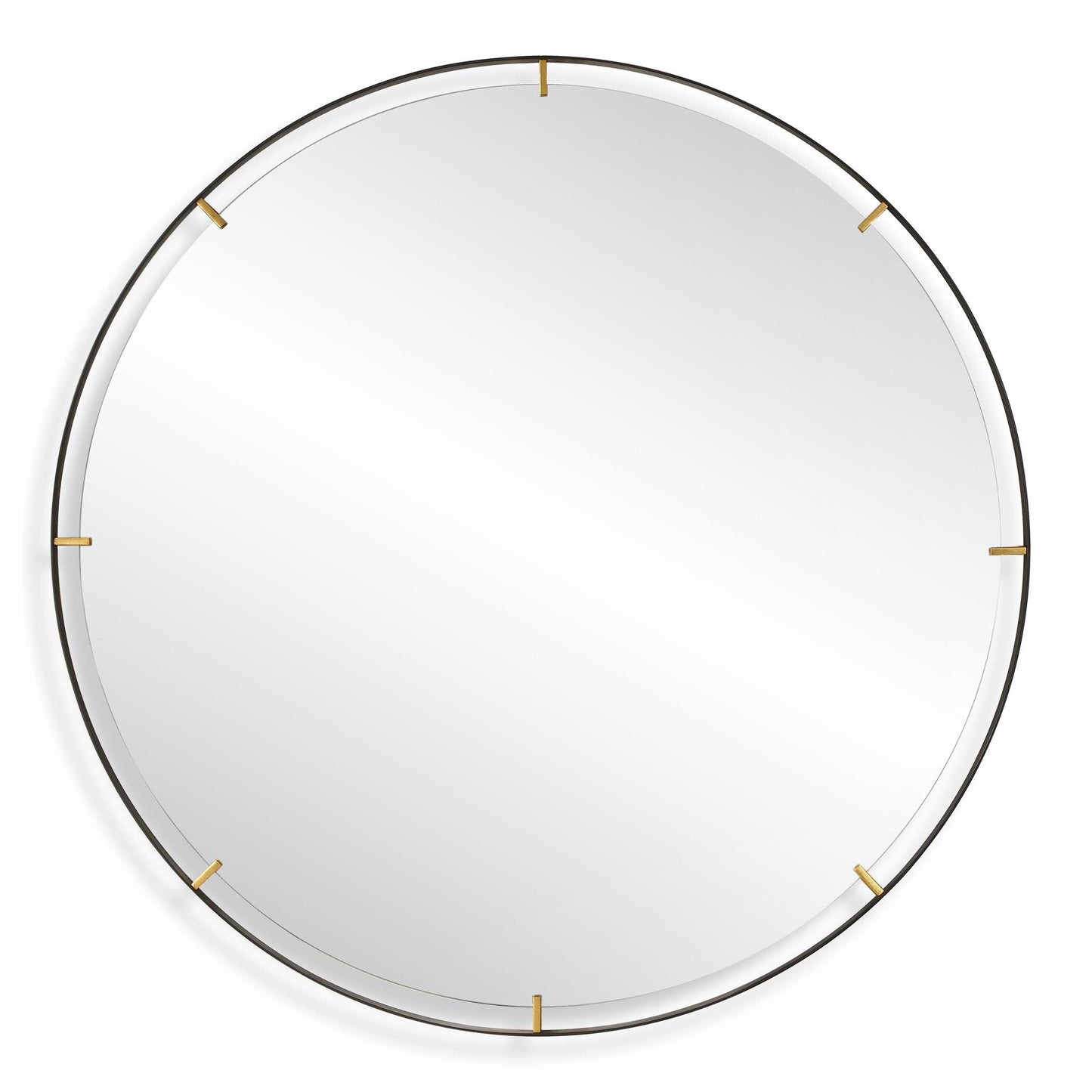 Elevate Your Home Decor With Our Grand Pendulum Round Mirror. Crafted With A Hefty Black Iron Frame Accented By Lightly Antiqued Gold Clips That Help Suspend A Polished Edge Mirror For A Statement Piece In Any Room.