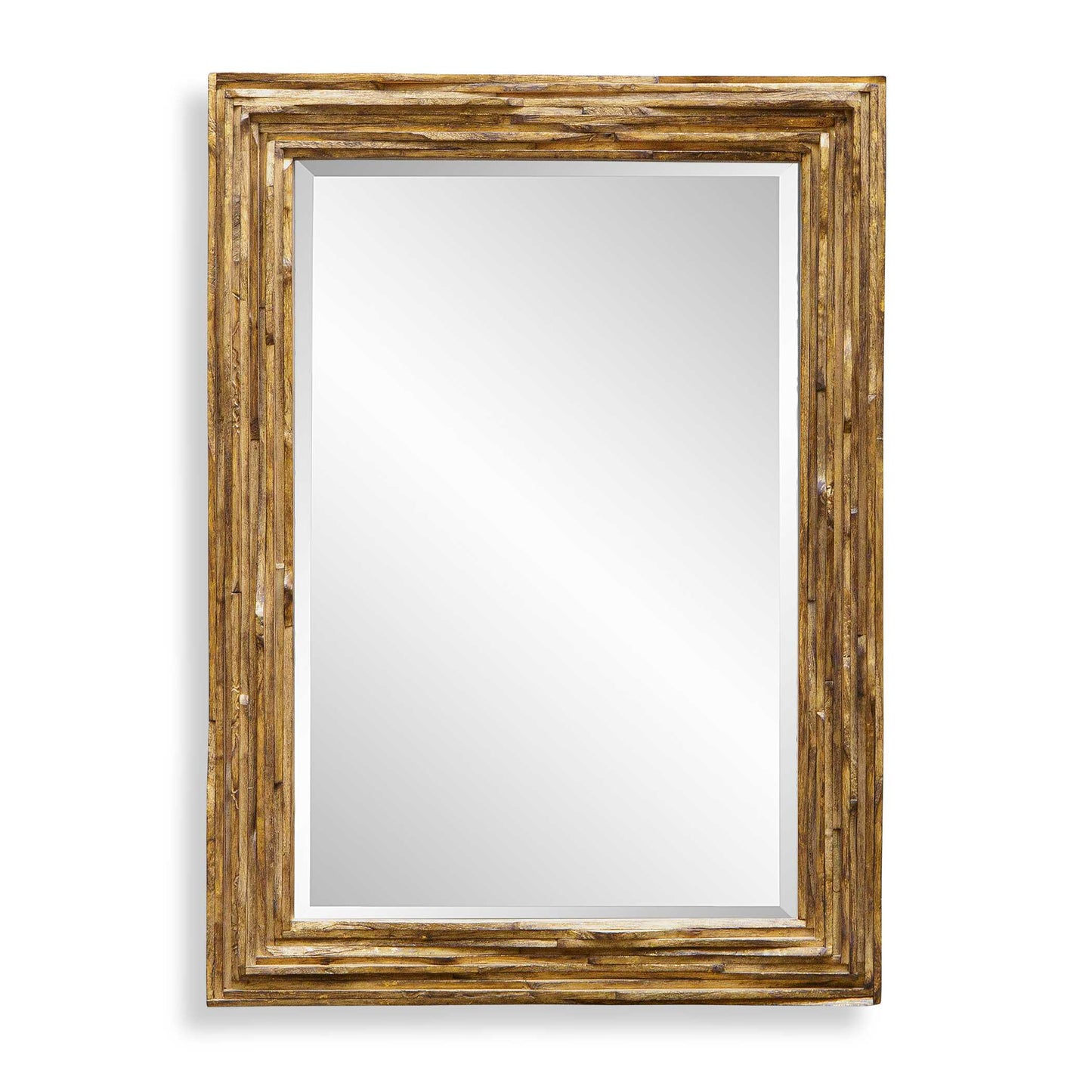 The Overlap Mirror Showcases Organic Curves By Using Alternating Raw Layers Of Teakwood Finished In A Heavily Distressed Antique Gold Leaf Overlay With Dark Undertones.