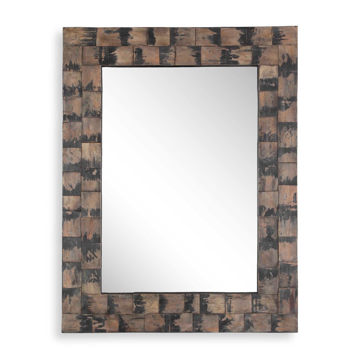 The Burke Mirror Showcases Layered Mahogany Blocks Finished With A Fading, Weathered Black, Brushed Stain That Creates A Striking Design. The Mirror Has A Generous 1" Bevel. May Be Hung Horizontal Or Vertical.